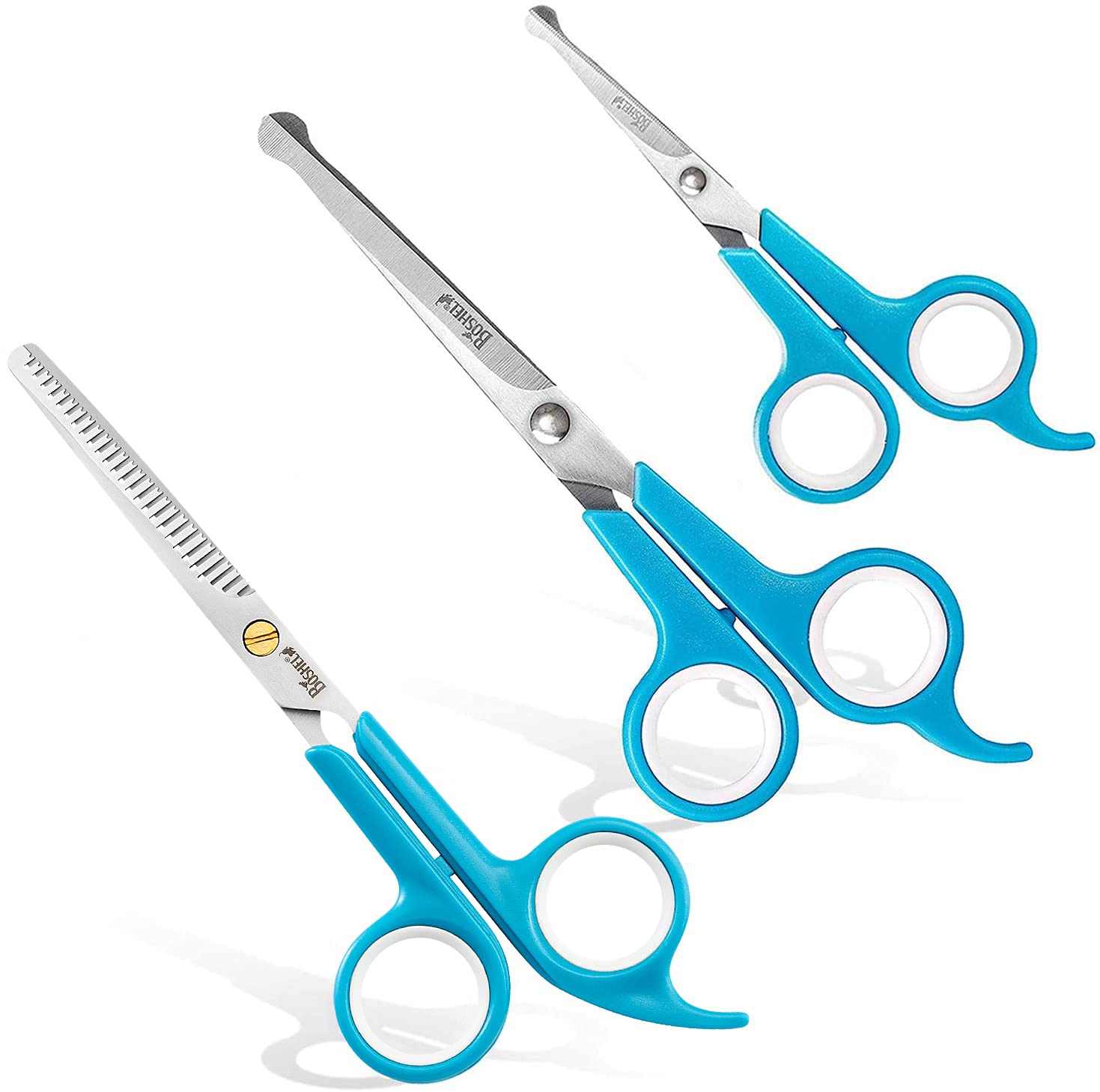 Boshel 3 Pc Dog Grooming Scissors Kit - 7' Scissor For Body Hair Trimming, 6' Small Micro-Serrated Scissor For Face, Ear, & Paws, Thinning Shears For Dogs - Professional Dog Grooming Kit For Cat & Pet