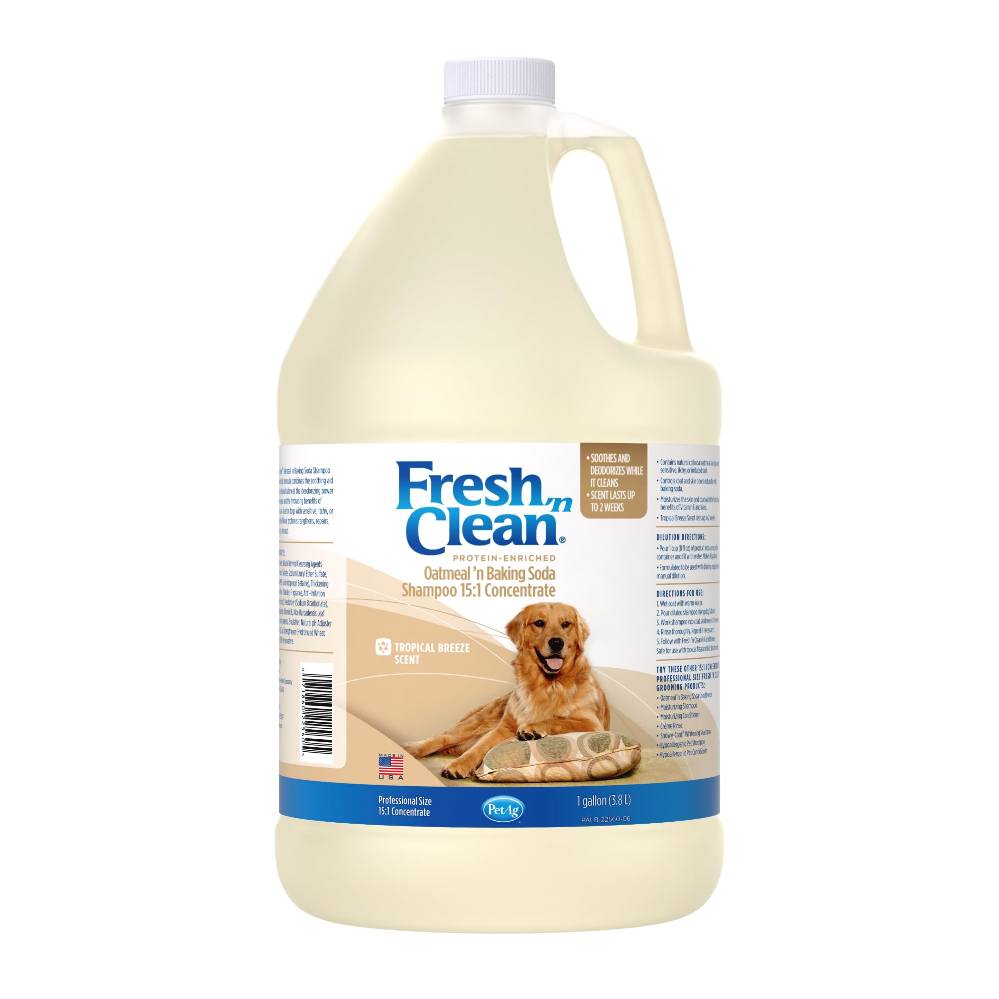 PetAg Fresh n Clean Oatmeal n Baking Soda Shampoo - Tropical Breeze Scent (15:1 Concentrate) - 1 Gallon - Nurtures Dry, Itchy Sk