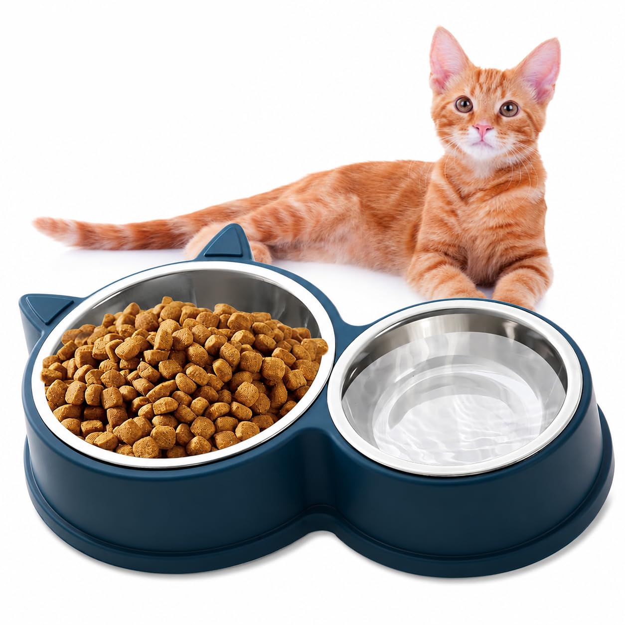 Petvogue Pet Stainless Steel Double Bowl, For Medium And Small Size Cats And Dogs To Drink And Eat Blue,30 Cm,H_5 Cm,W_14 Cm