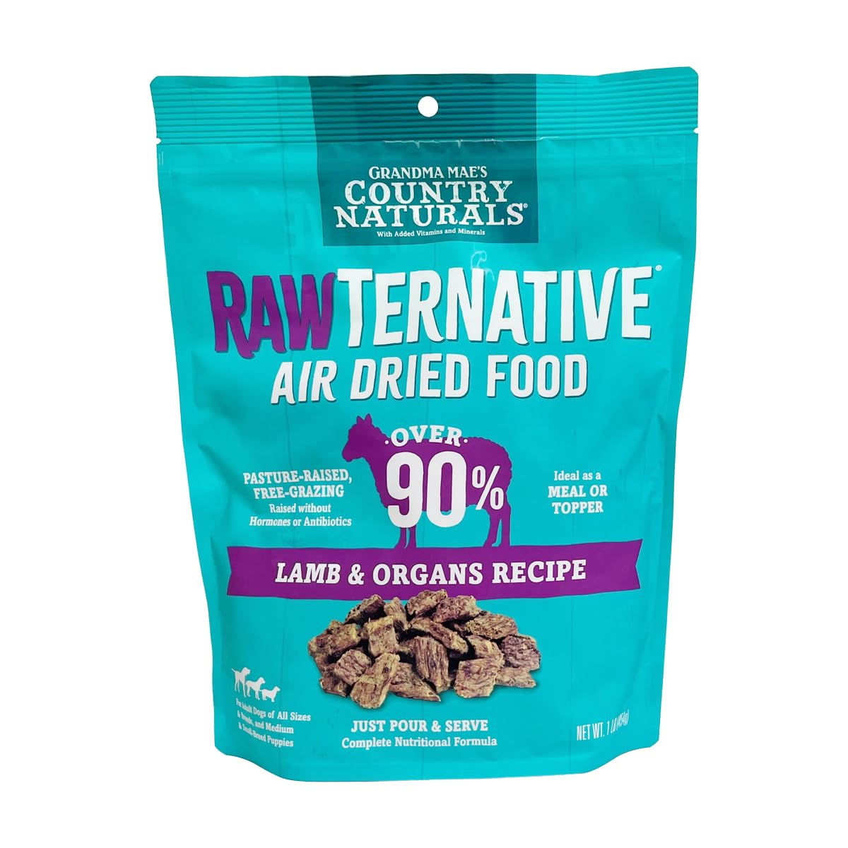 Grandma Maes Country Naturals RawTernative Air Dried Dog Food 1 LB Lamb and Lamb Organs Recipe
