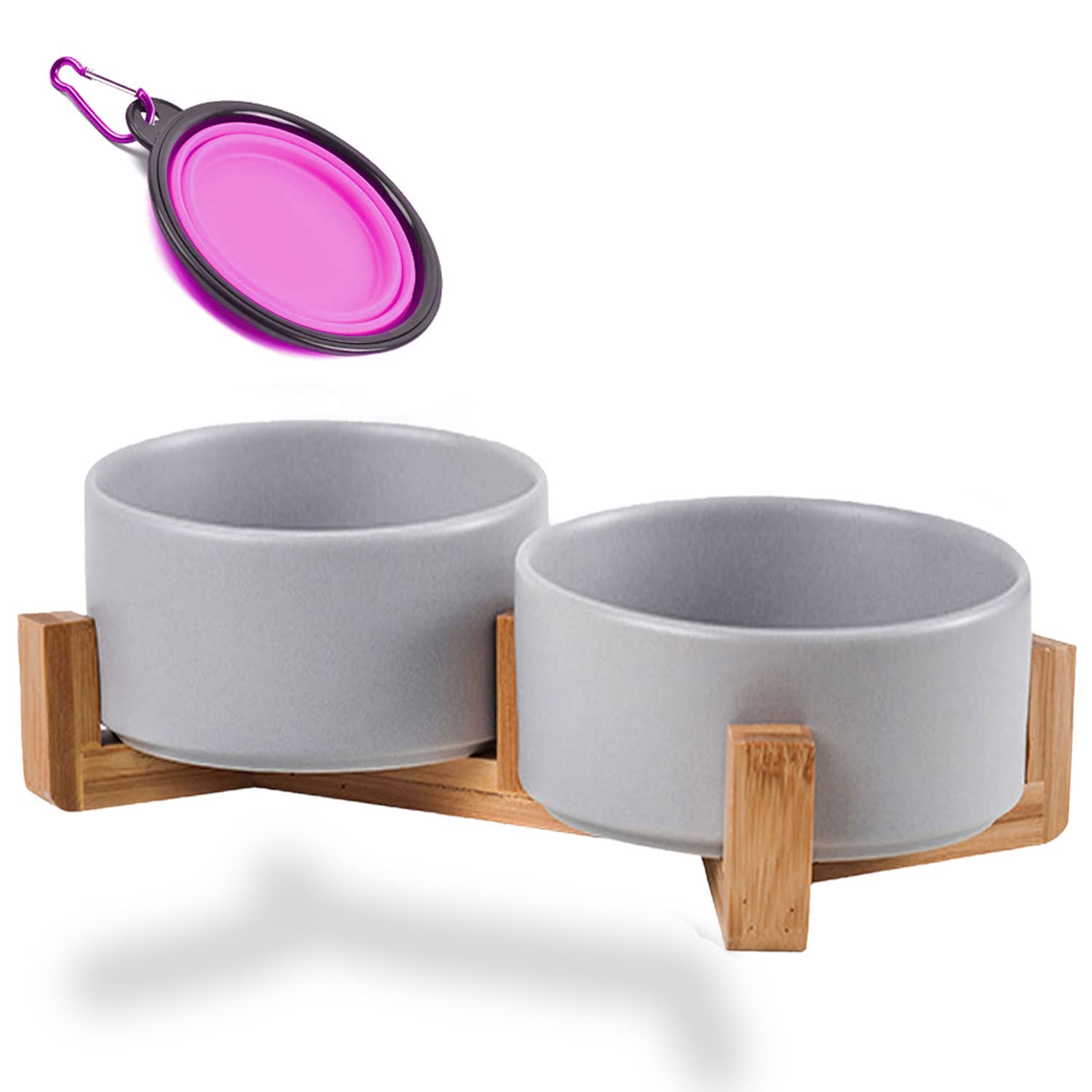 Petygooing Dog Bowls,Grey Ceramic Cat Dog Bowl Set with Wood Stand for Food and Water,Non-Slip Cute Modern Pet Dish Set for Cats