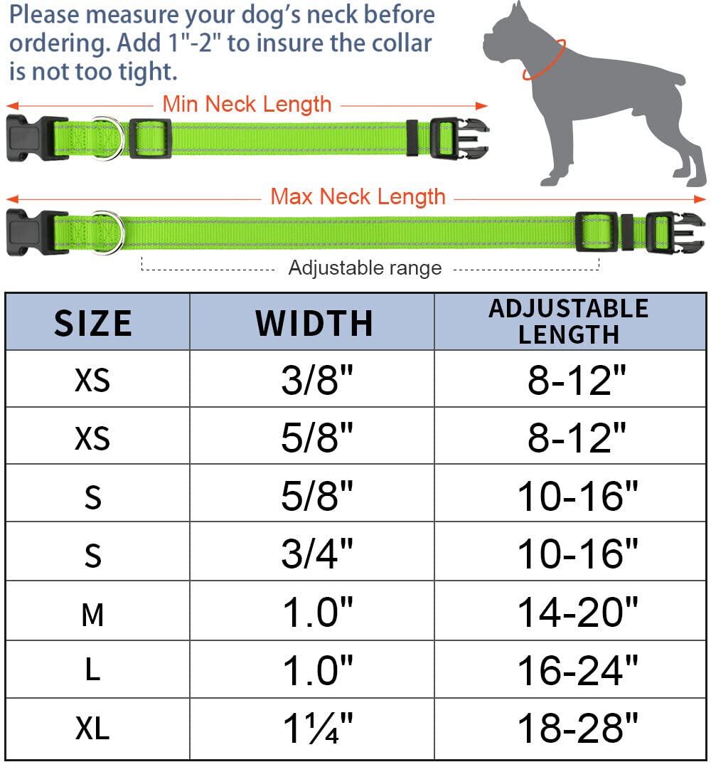 Taglory Reflective Adjustable Dog Collars For Puppy Small Medium Large Dogs, Thin Nylon Webbing And Quick Release Plastic Buckle(Green Medium)