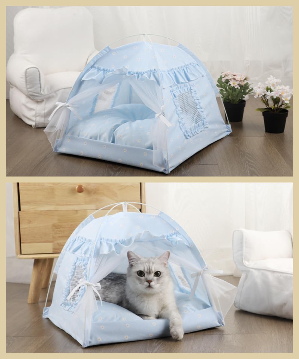 Cat Bed Tents Dog House Indoor Outdoor Lace Mesh Breathable Windows Door Curtains Removable Portable Nest Teepe House (Small,Blu
