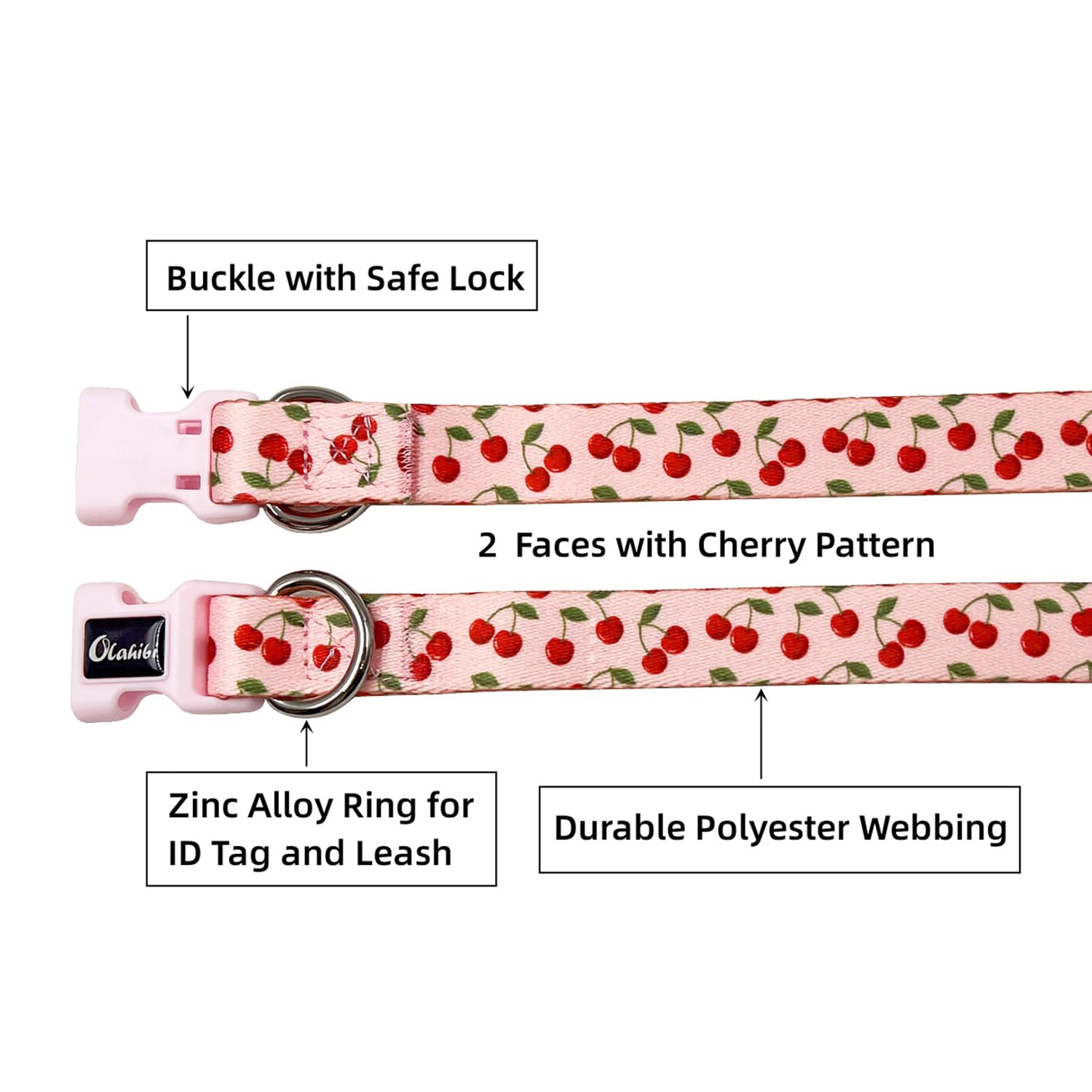 Olahibi Dog Collar And Leash Set, Cherry Pattern, Polyester Material, 5Ft Leash, For Puppy Dogs.(Extra Small,Pink Cherry)