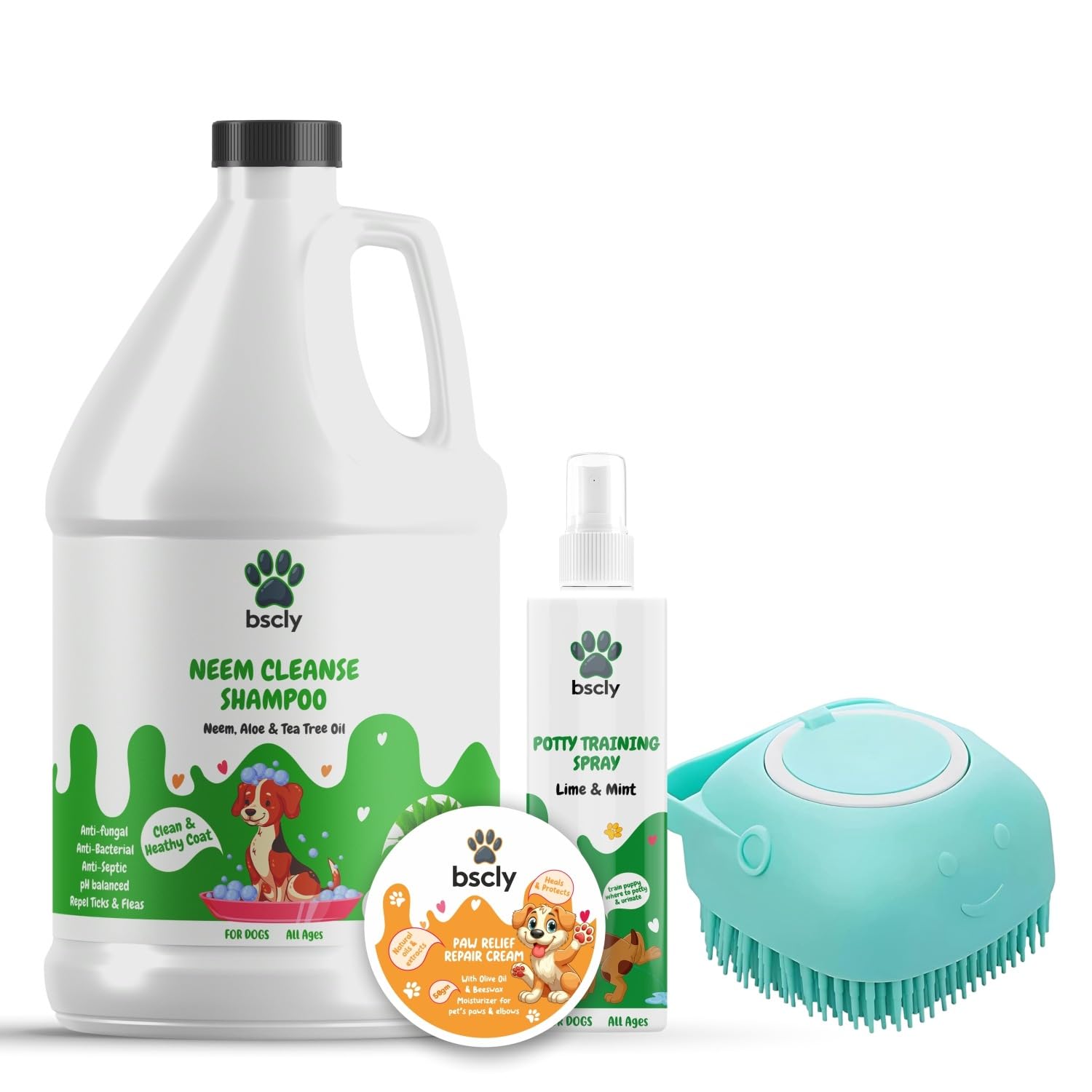 Bscly Neem Pet Herbal Shampoo + Bath Brush Combo Pack, Ticks & Fleas Prevention, Enriched With Aloe & Coconut Oil, Ph Balanced D