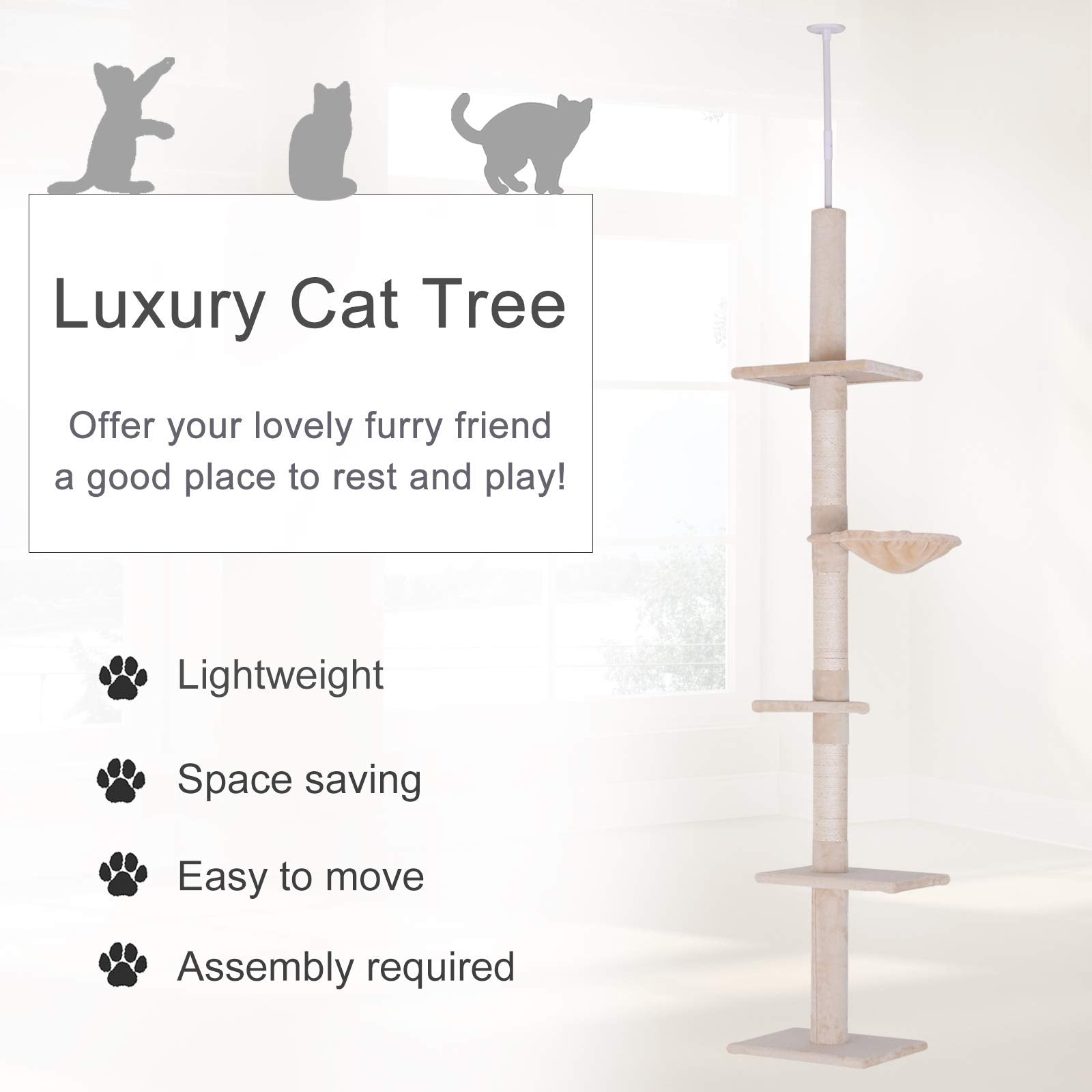 Pawhut 8.5' Adjustable Height Floor-To-Ceiling Vertical Cat Tree, Beige And White