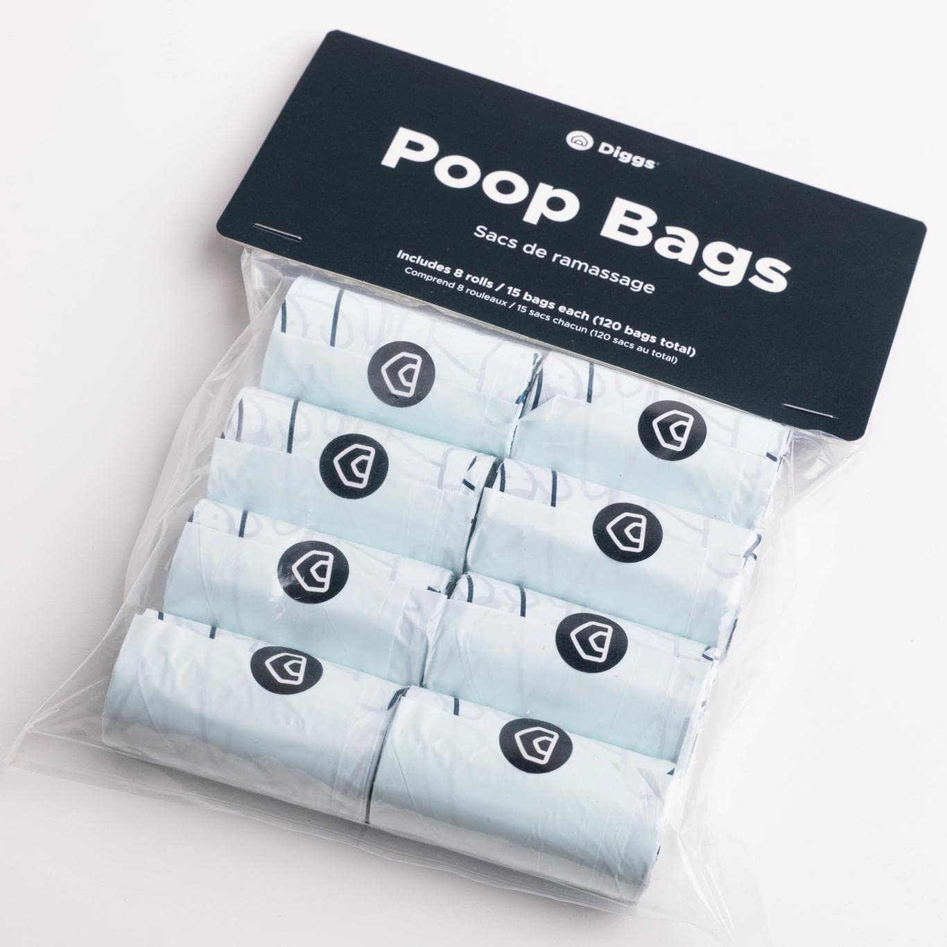 Diggs Dog Poop Bags (8-Rolls) - Durable & Odor Resistant Pet Waste Bags Refill Pack - One-Hand Dispensing, Innovative No-Tear Pe