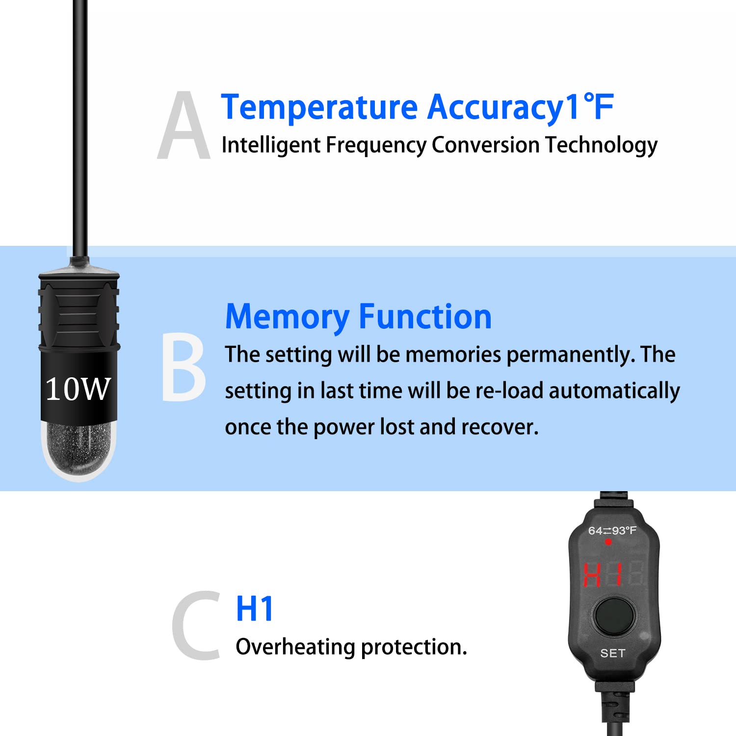 YOFOTHS Mini Aquarium Heater 10W/20W/30W Submersible for 0.5-3 Gallon Tanks - Black