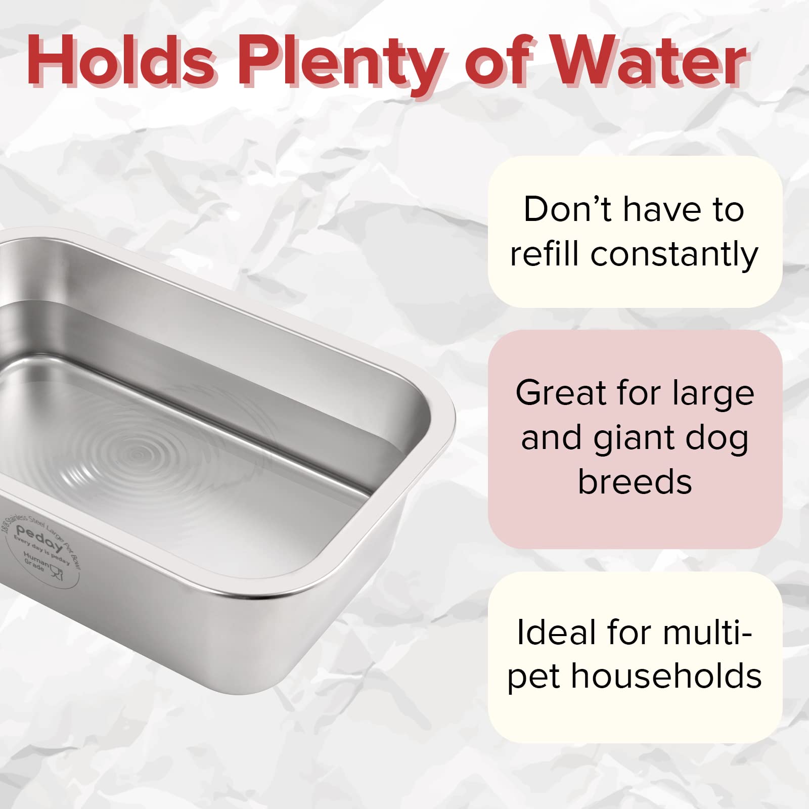 PEDAY Large Dog Water Bowl - 1.2 Gallon Stainless Steel Bowl for Big & X-Large Dogs, Model PD12