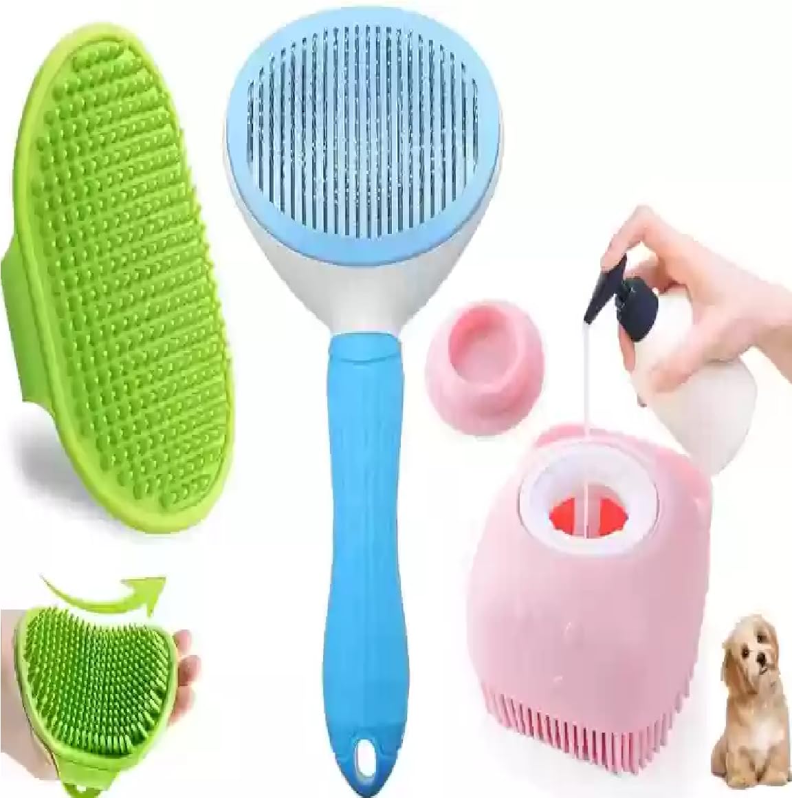 Agirav Tails 3 Pcs Self Cleaning Slicker Shedding Brush Tick Remover Shower Bathing Pet Bath Massage Brush With Soap & Shampoo D