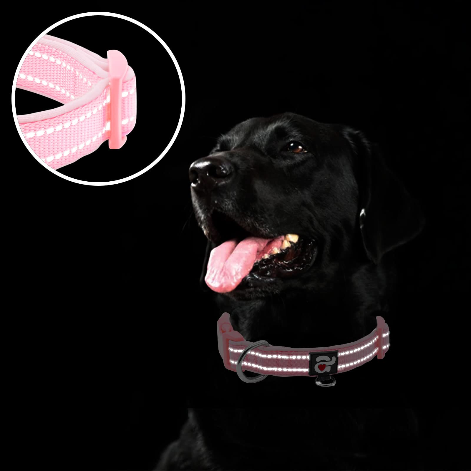 Azuza Reflective Dog Collar,Soft Neoprene Padded Pet Collar With Id Tag Ring,Adjustable For Large Dogs,Pink,L