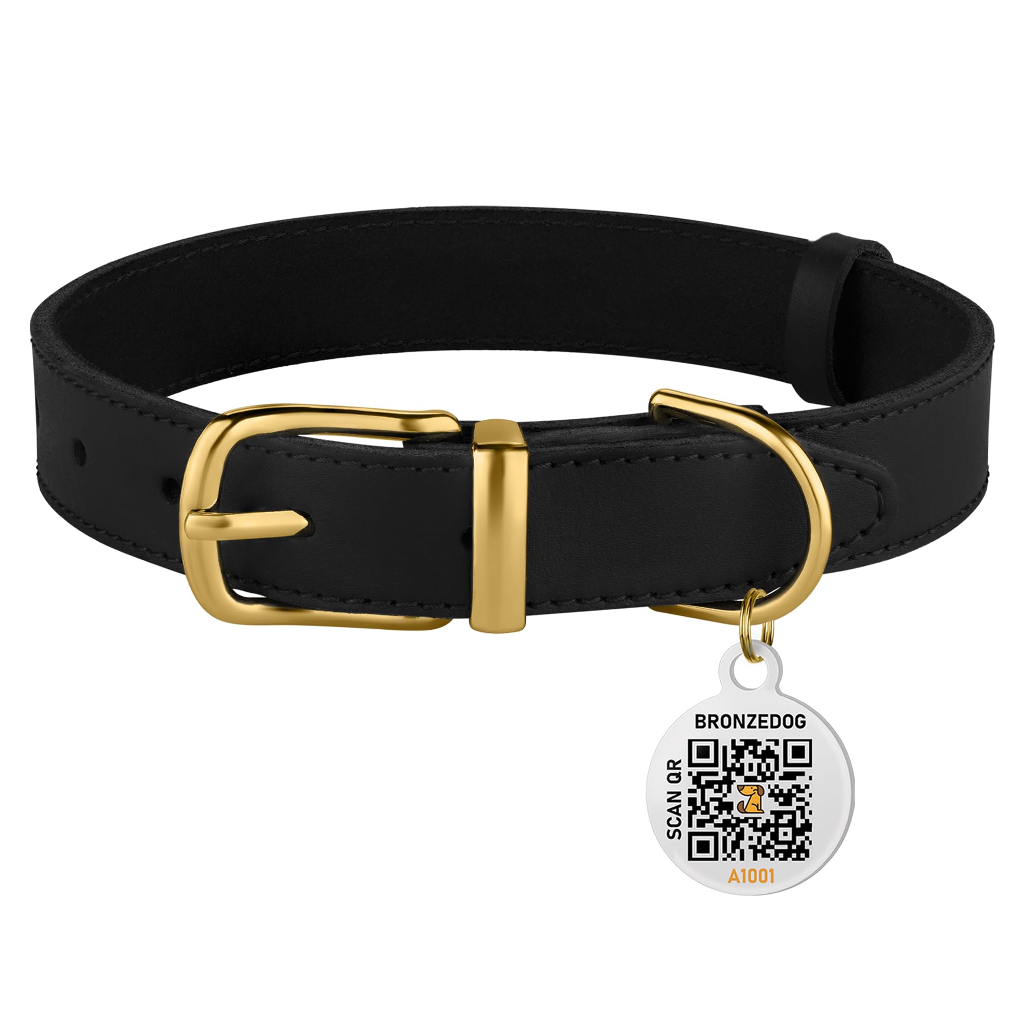 Bronzedog Leather Dog Collar With Metal Buckle Durable Basic Pet Collars For Small Medium Large Dogs (19-21 Inch (Pack Of 1), Black & Gold Buckle)