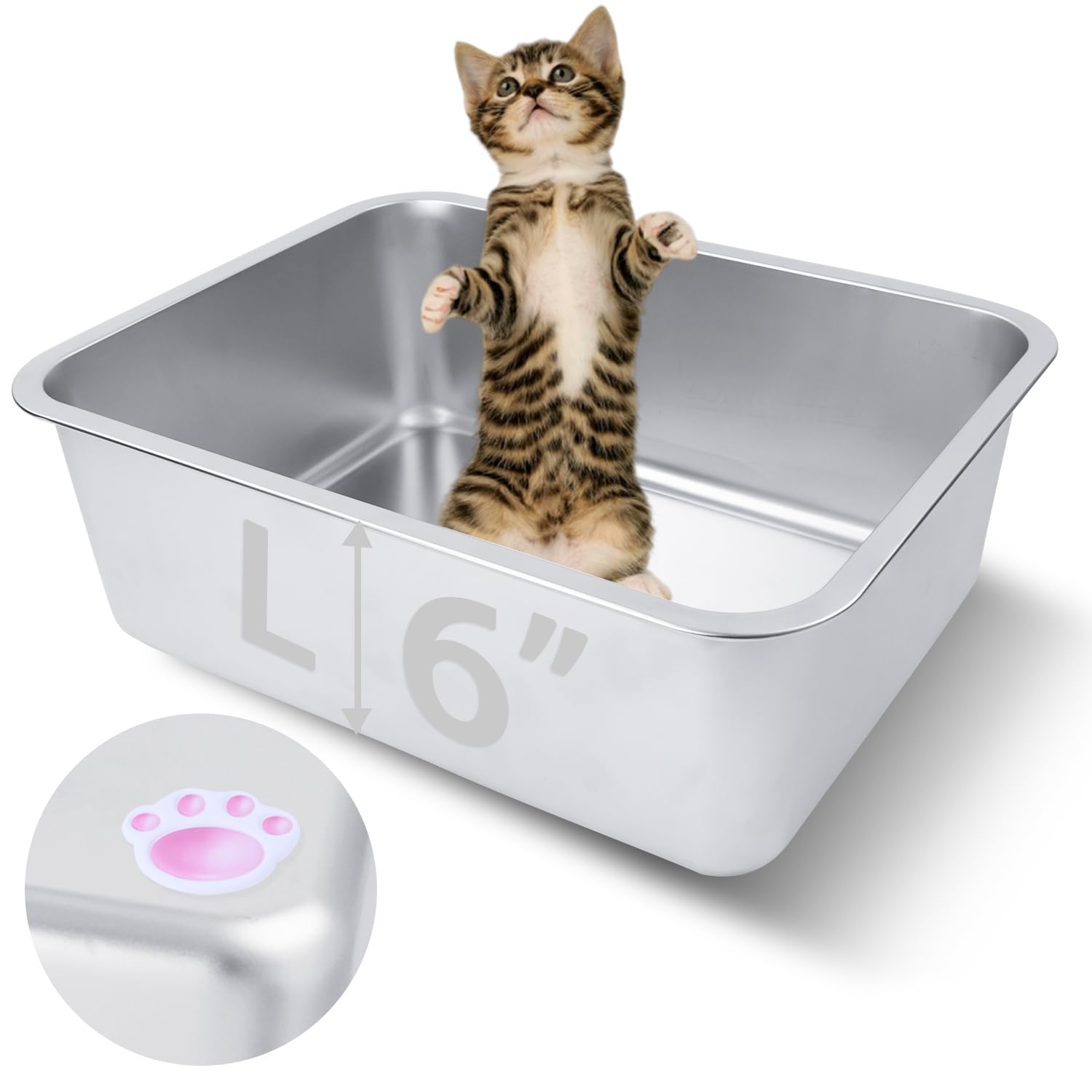 HNeekyr Stainless Steel Cat Litter Box for Adult Cats or Kitty/Kitten 18x14x6 Rust-Proof, High Side, Non Stick, No Smell, Easy t