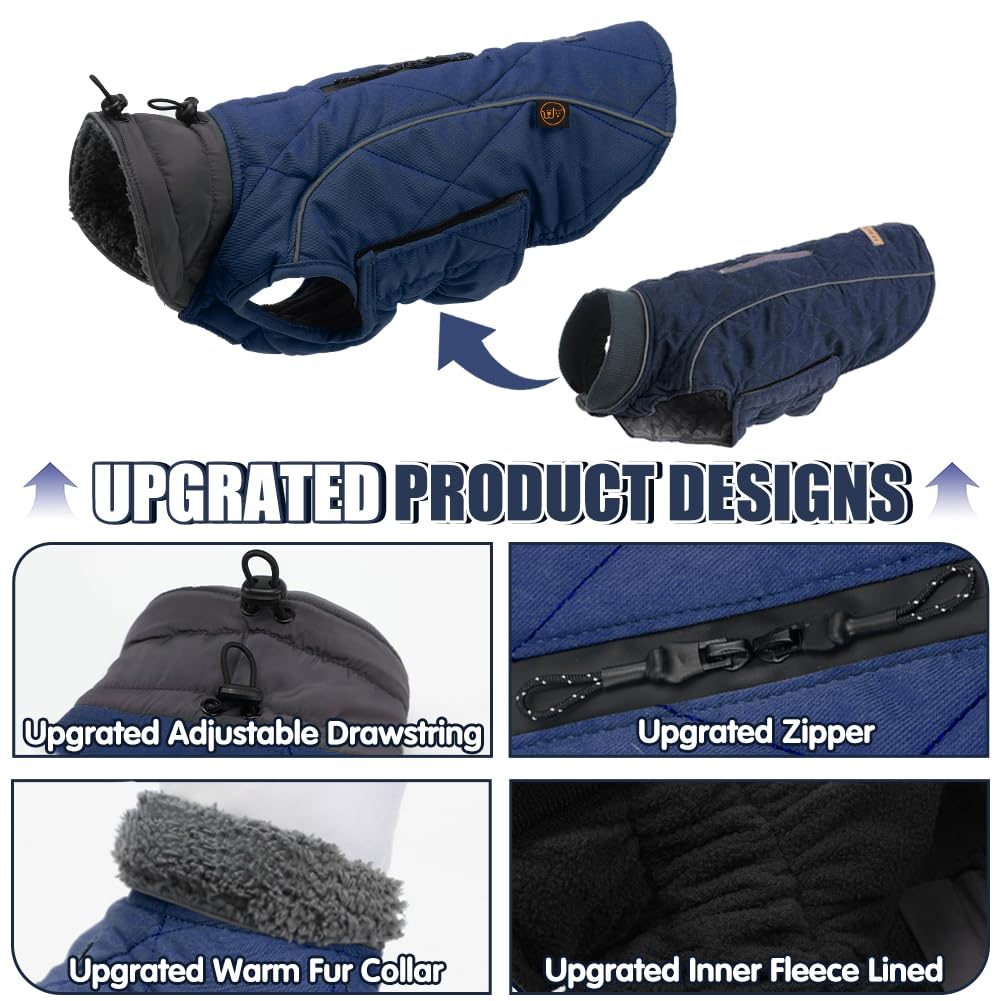 EMUST Dog Jacket - Reflective Polyester Winter Coat for Large Dogs, Dark Blue, Warm for Cold Weather