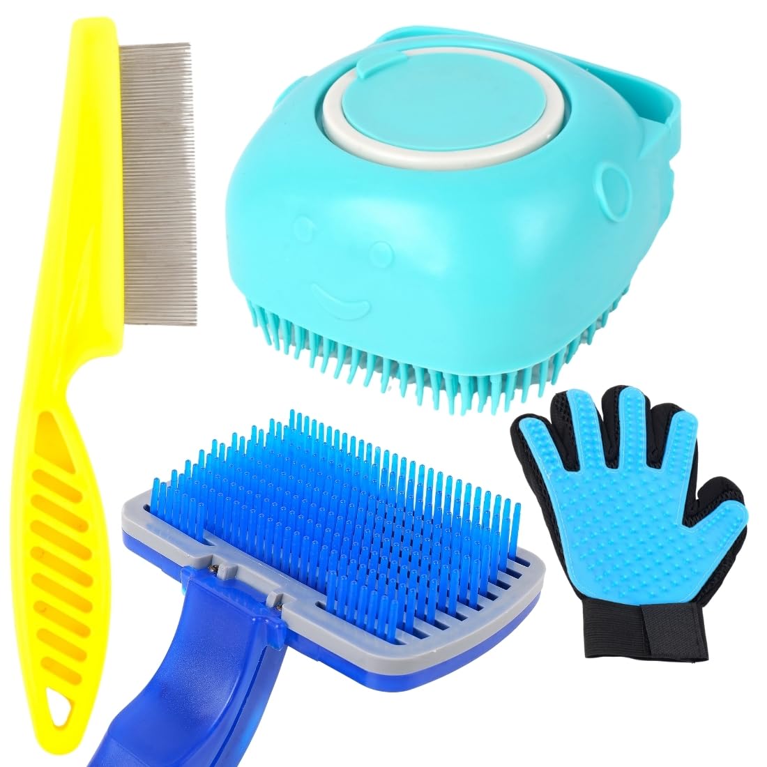 Pet Grooming Kit With SelfCleaning Brush, Deshedding Glove, Metal Comb, Blue And Turquoise, Professional Dog Cat Hair Removal T