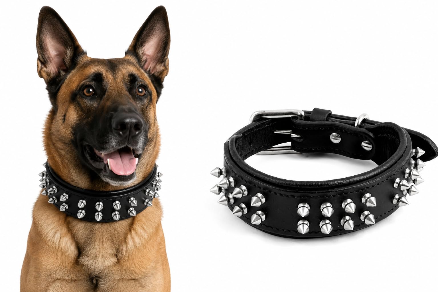 AdilS Leather Dog Collar With Spike, Adjustable Metal Buckle Studded Collars For Small, Medium, & Large Dog With D Ring, Width: 