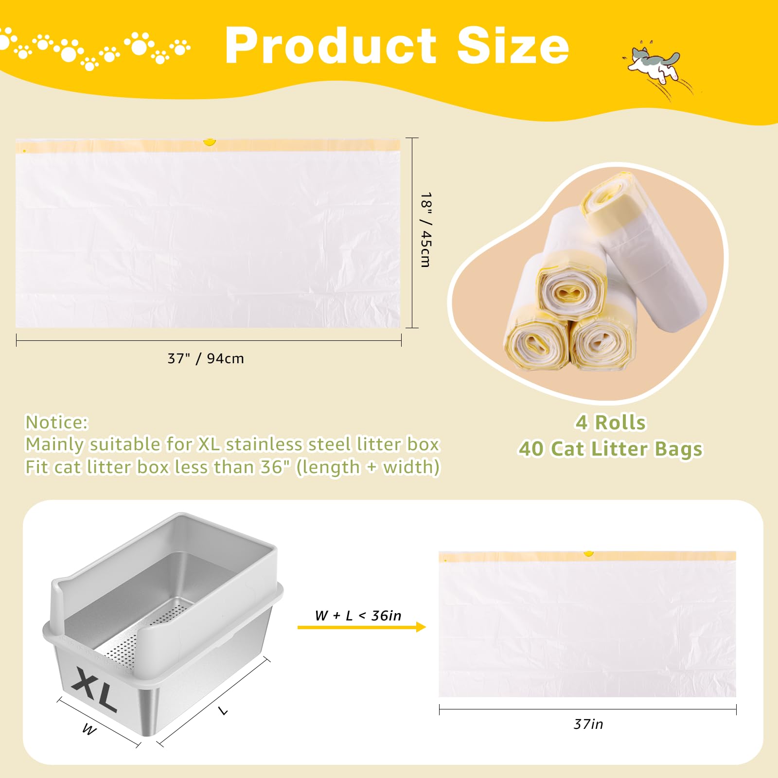 Zuqqony Litter Box Liners 40 Count, 37'' X 18'' Jumbo 3Mil Thicken Cat Litter Bags Tear Resistant Disposable Cat Litter Liners F