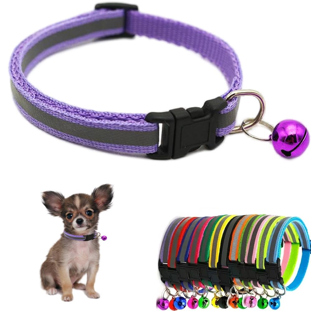 Purple Puppy Collar With Bell, Reflective Xs Dog Collars Soft Adjustable Buckle For Xxs Xsmall Extra Small Dogs Tiny Little Pet 