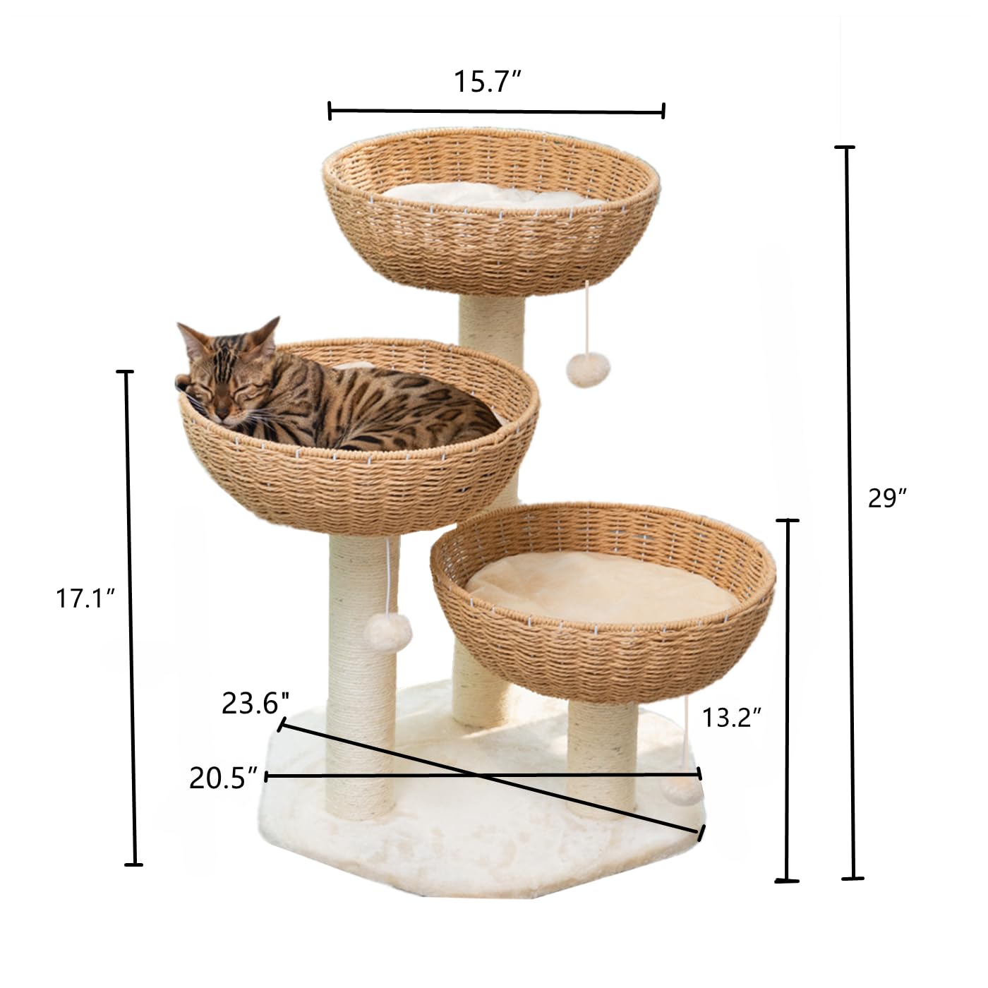 Shengocase Cat Tree Tower With Rattan Wicker Basket, 3 Handwoven Large Nest Baskets Bed, Window Perch For Large Cats Up To 20Lbs
