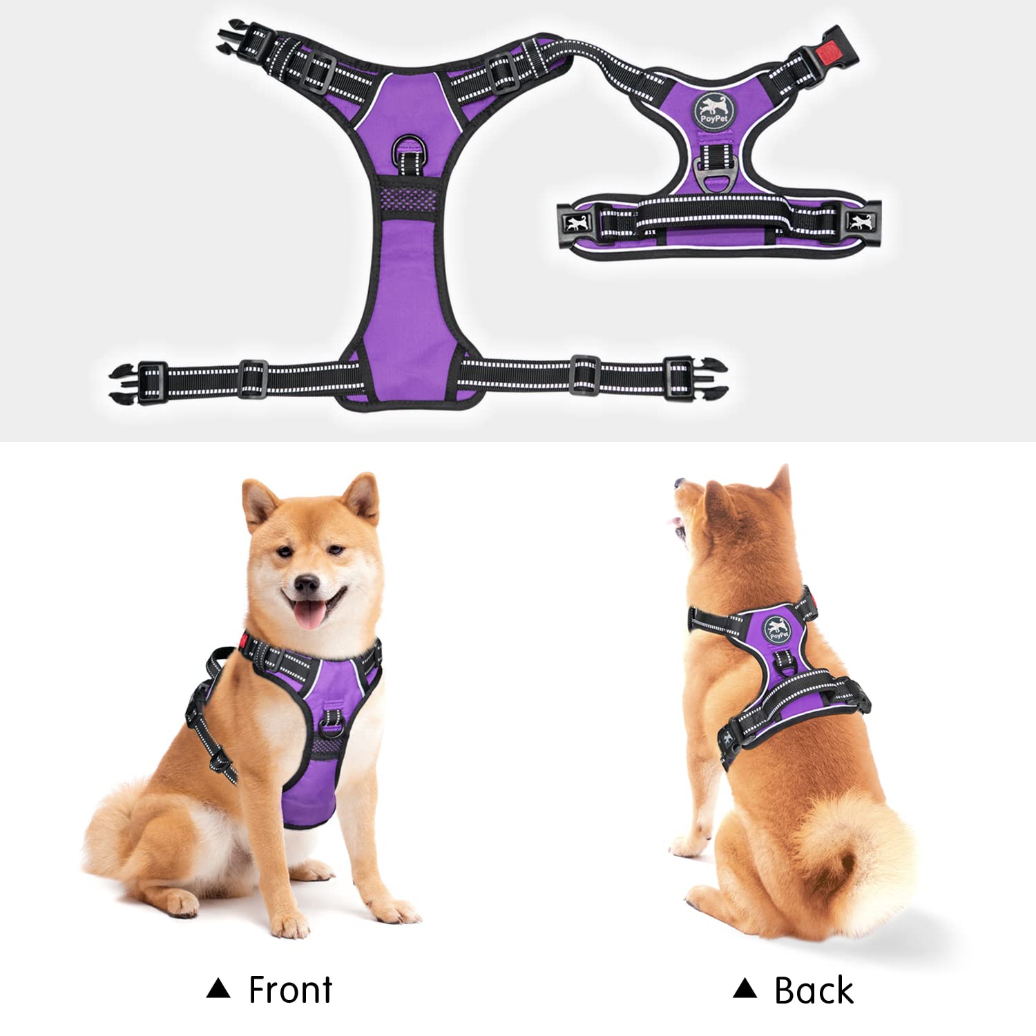 Poypet No Pull Dog Harness, No Choke Front Lead Dog Reflective Harness, Adjustable Soft Padded Pet Vest With Easy Control Handle For Small To Large Dogs(Purple,Xs)