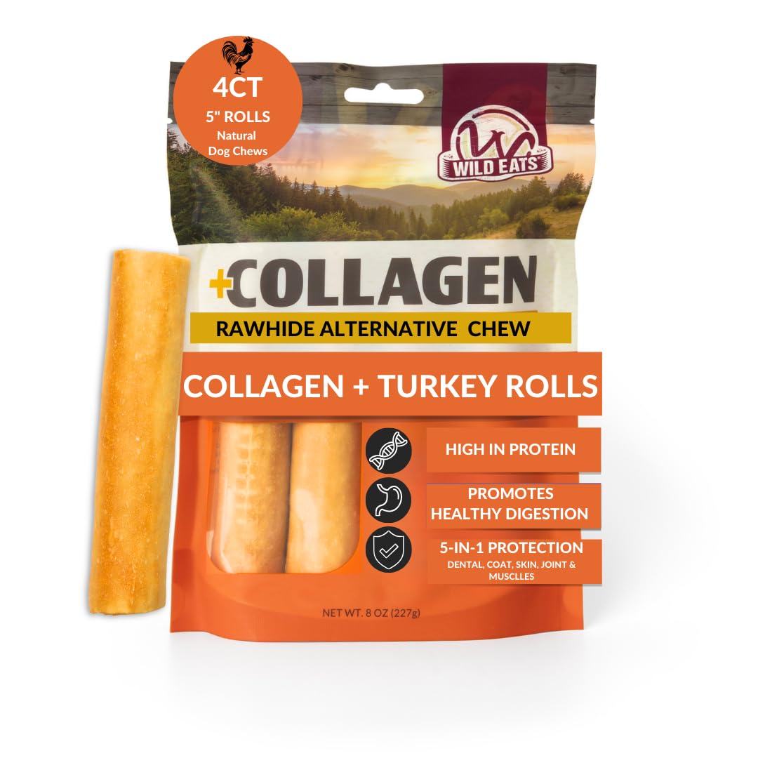 Wild Eats Turkey Flavor Collagen Retriever Style Cheek Rolls 5 Dog Chews-4 Pack (Long Lasting Dog Chews Treats & Bones for Mediu
