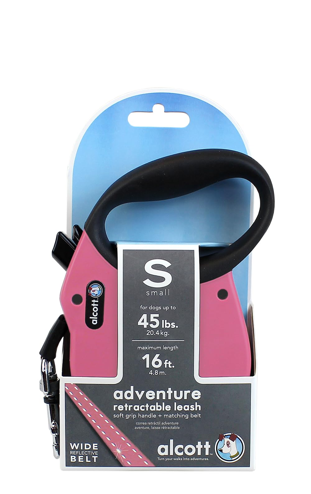 Alcott Adventure Retractable Reflective Belt Leash, 16' Long, Small For Dogs Up To 45 Lbs, Pink With Black Soft Grip Handle,Rlsh Aa Sm Pk