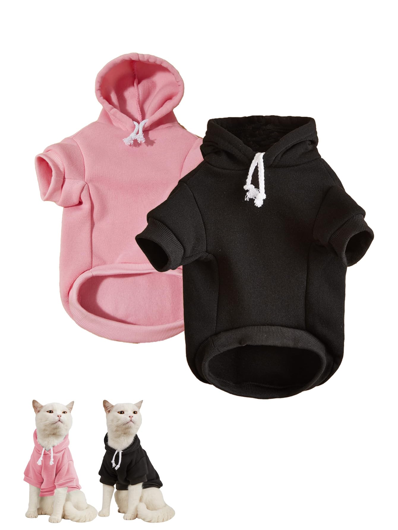 Qwinee 2Pcs Basic Dog Hoodie & Cat Apparel - Dog & Cat Jacket, Shirt & Clothes For Puppy & Kitten - Small To X-Small, Black & Pi