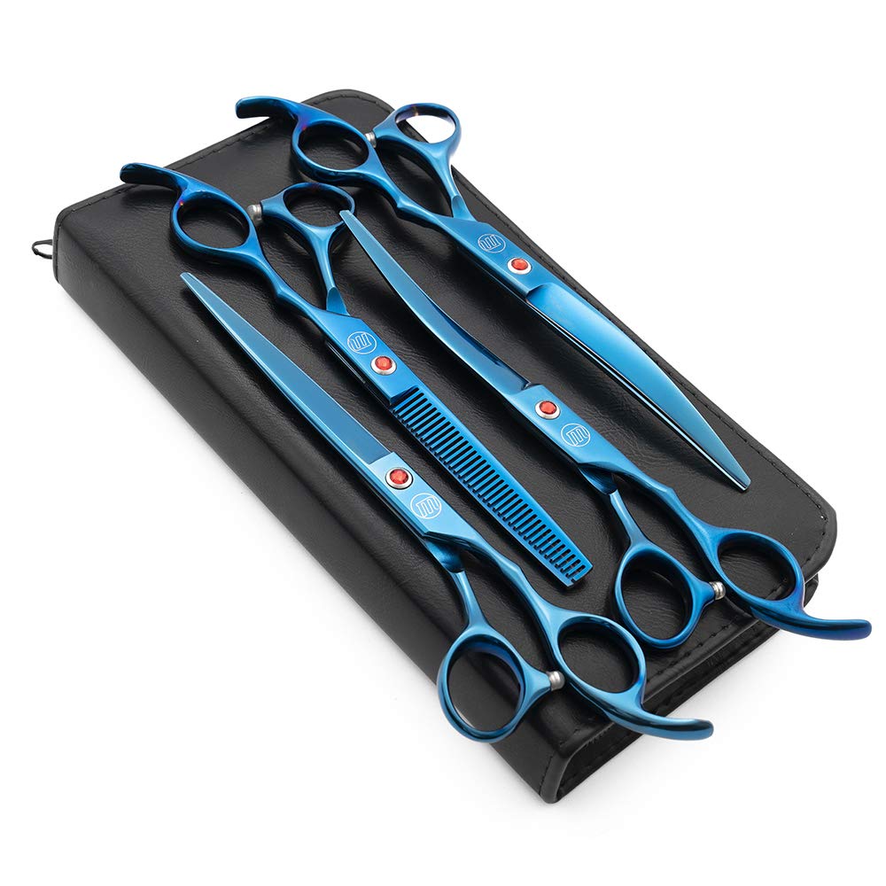 Moontay Professional 7.0' Dog Grooming Scissors Set, 4-Pieces Straight, Upward Curved, Downward Curved, Thinning/Blending Shears For Dog, Cat And Pets, Jp Stainless Steel, Blue