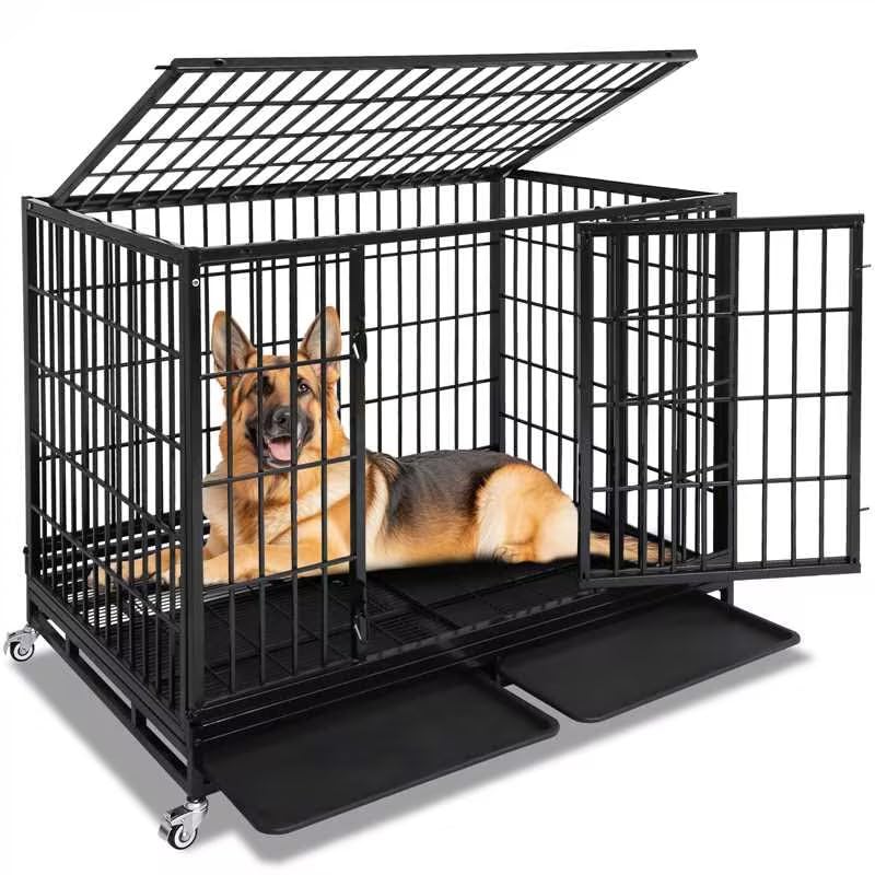 Homey Pet 48 Inch Stackable Heavy Duty Dog Crate Indestructible, Escape Proof Dog Cage With Wheels, Two Removable Trays, High An
