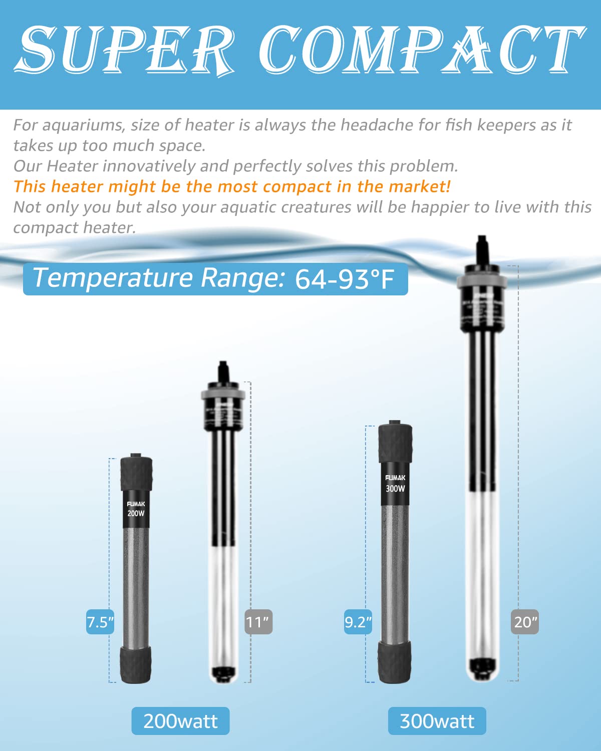 FUMAK 200W Adjustable Aquarium Heater Super Short Submersible Fish Tank Heater Fish Heater with LED Digital Display Thermostat,