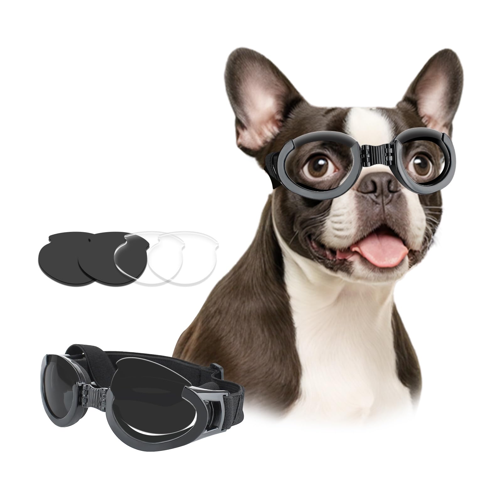 Petleso Dog Goggles Medium Breeds, Clear Uv Protection Dog Sunglasses With Black Replaceable Lenses, Adjustable Doggy Glasses Fo