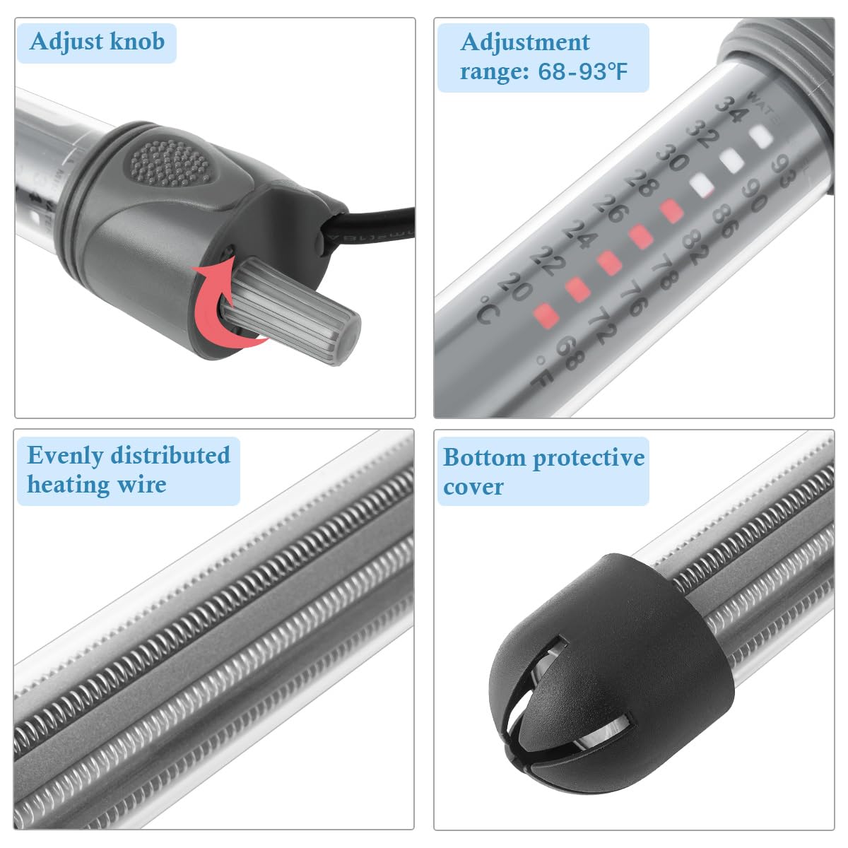 Hitop 25W 50W 100W 200W 300W Adjustable Aquarium Heater, Submersible Fish Tank Heater Thermostat With Suction Cup (50W)