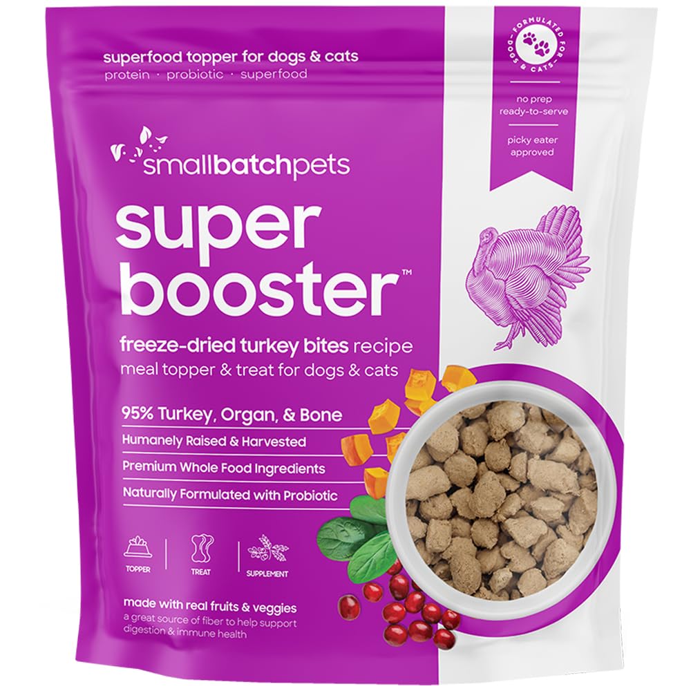 smallbatch Pets Freeze-Dried Super Booster Turkey Bites for Dogs & Cats, 7 oz, Made in The USA, Organic Produce, Humanely Source