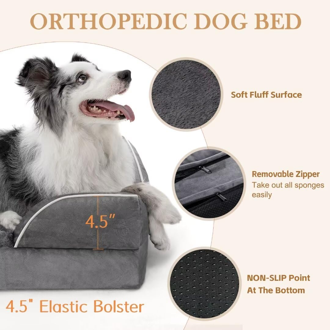 Comfort Expression Waterproof Large Dog Beds Orthopedic Foam Dog Beds For Large Dogs Sofa Comfy Pet Bed With Washable Removable Cover & Non-Slip Bottom(Large,Dark Grey)