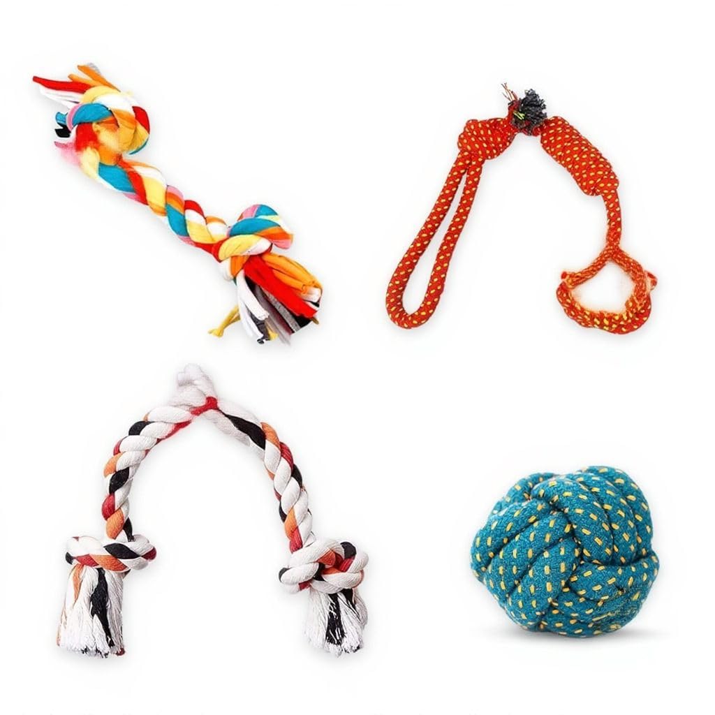 Kittupet Pet Combo Of 2Knot, 3Knot, Ball And 2Knot Rope Ball Chewing Teething Fetching Durable Cotton Rope Chew Toys For Puppies