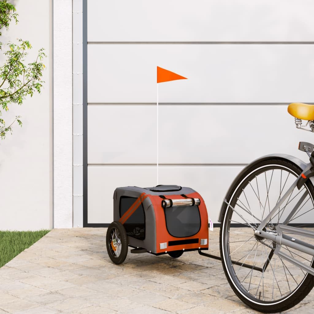 vidaXL Pet Bike Trailer for Small Dogs - Oxford Fabric/Iron Frame, Sturdy Cycle Pet Carrier with Cover, Airy Windows, Easy Entry, Reflectors - Orange/Gray, 48.8x20.9x20.9 Inches