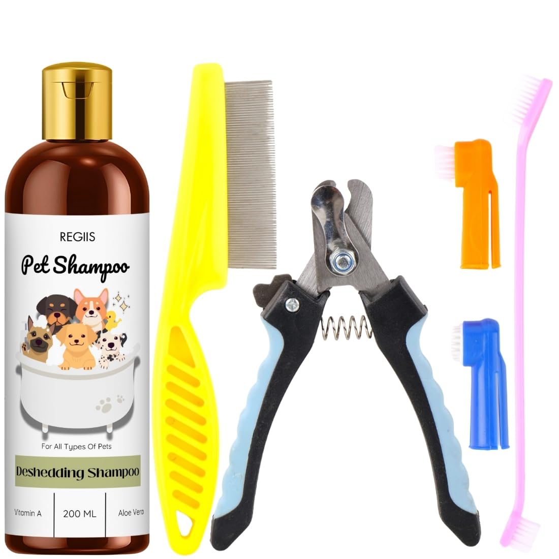 Pet Grooming Kit With Deshedding Shampoo, Professional Nail Clippers, Comb And Toothbrush Set(Pack Of 4)