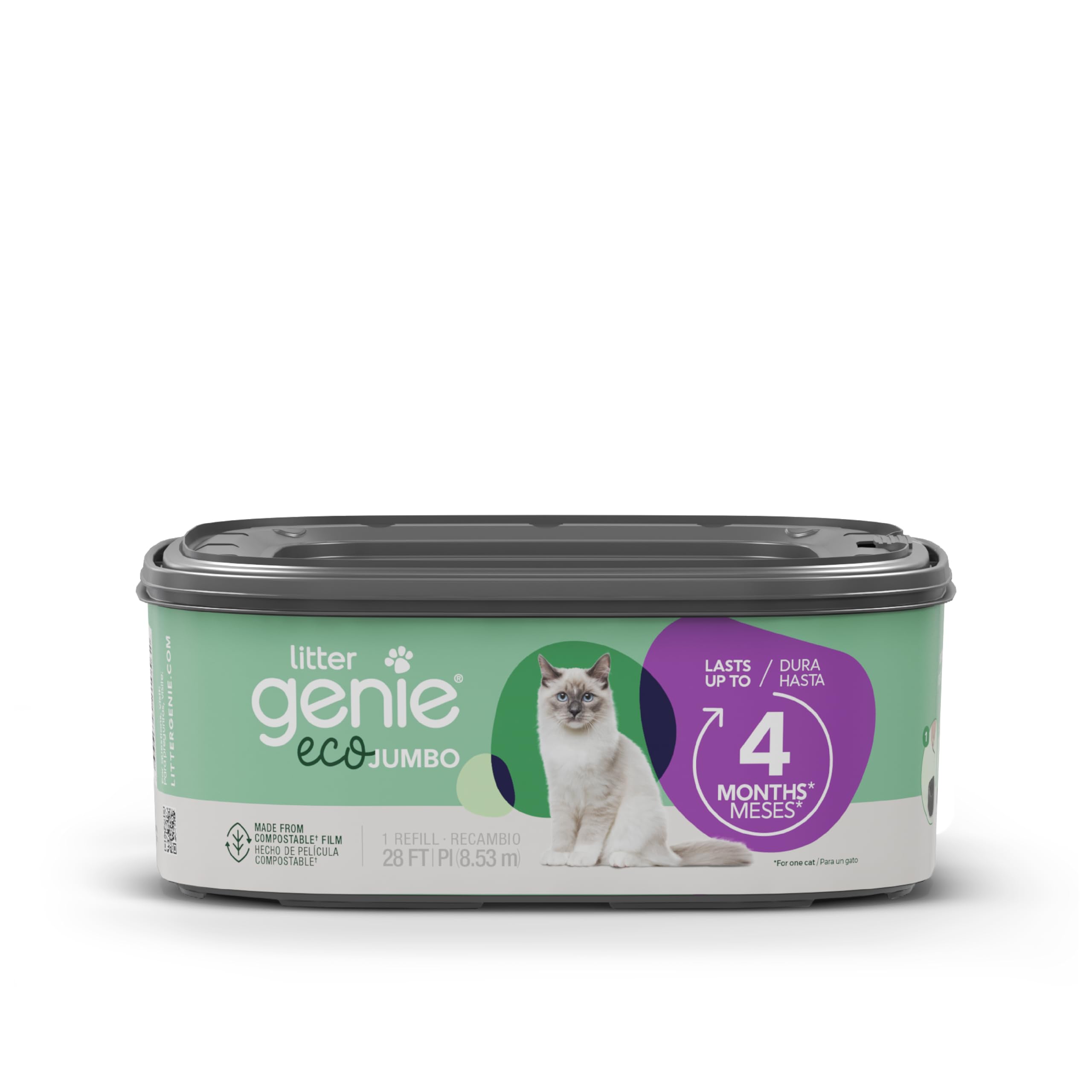 Litter Genie Eco Refills | Compostable Cat Litter Bags Jumbo 1Pack | Up to 4 Months of Supply in 1 Cartridge