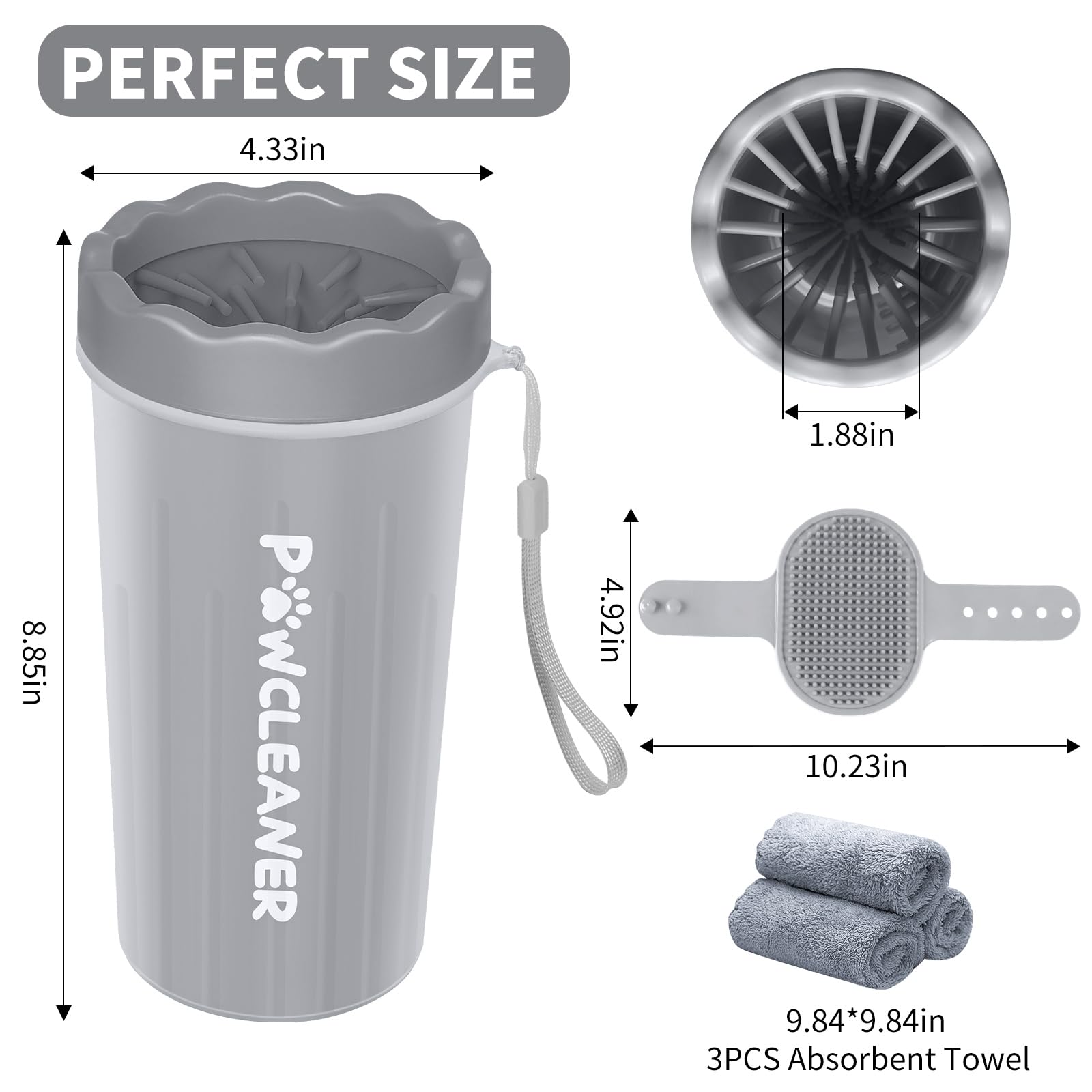 Comotech Dog Paw Washer With Bath Brush - Large, Grey (With 3 Absorbent Towels, Adjustable Handle For Long & Short Haired Dogs)