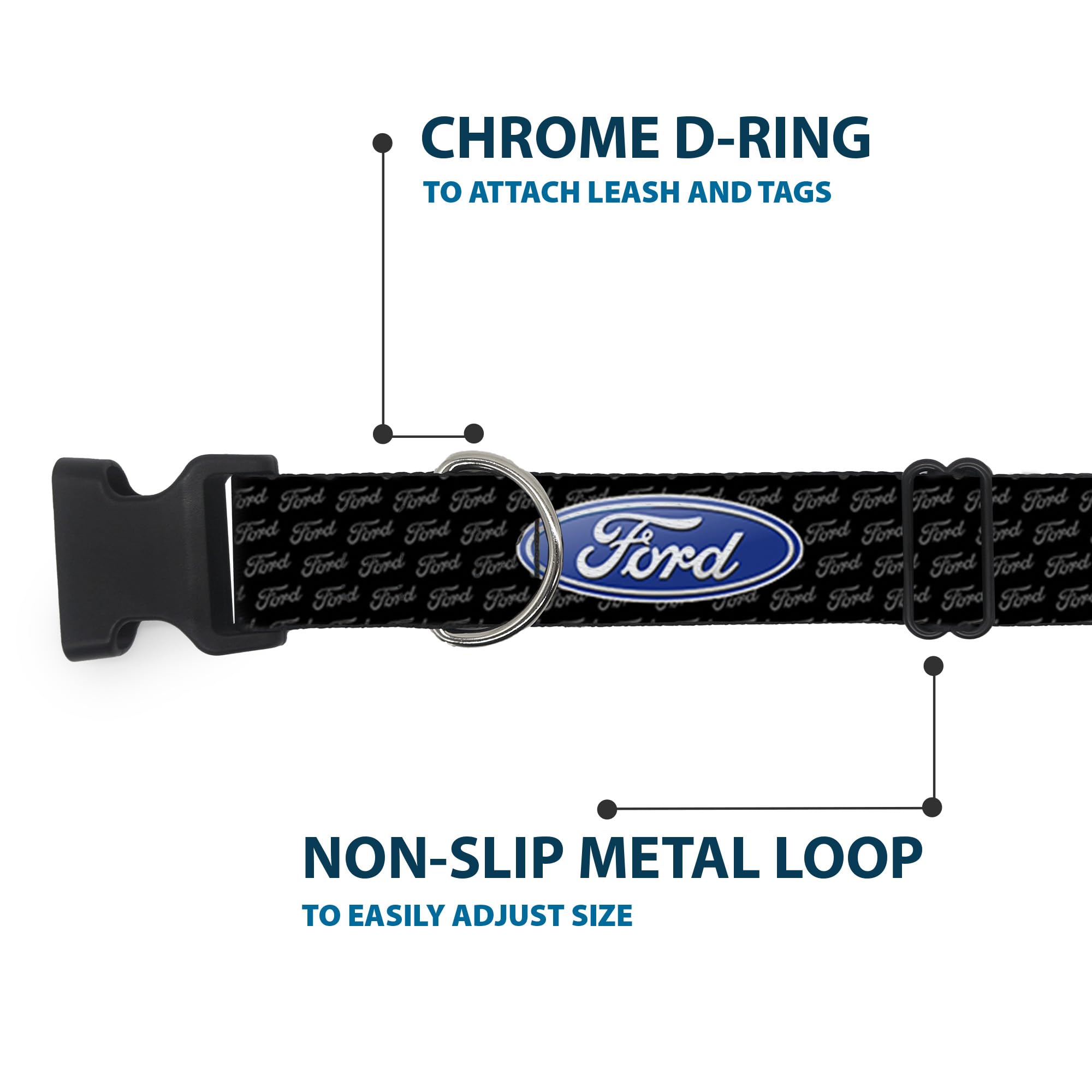 Buckle-Down ''Ford Oval Repeat W/Text'' Plastic Clip Collar, 1'' X 15-26''/Large