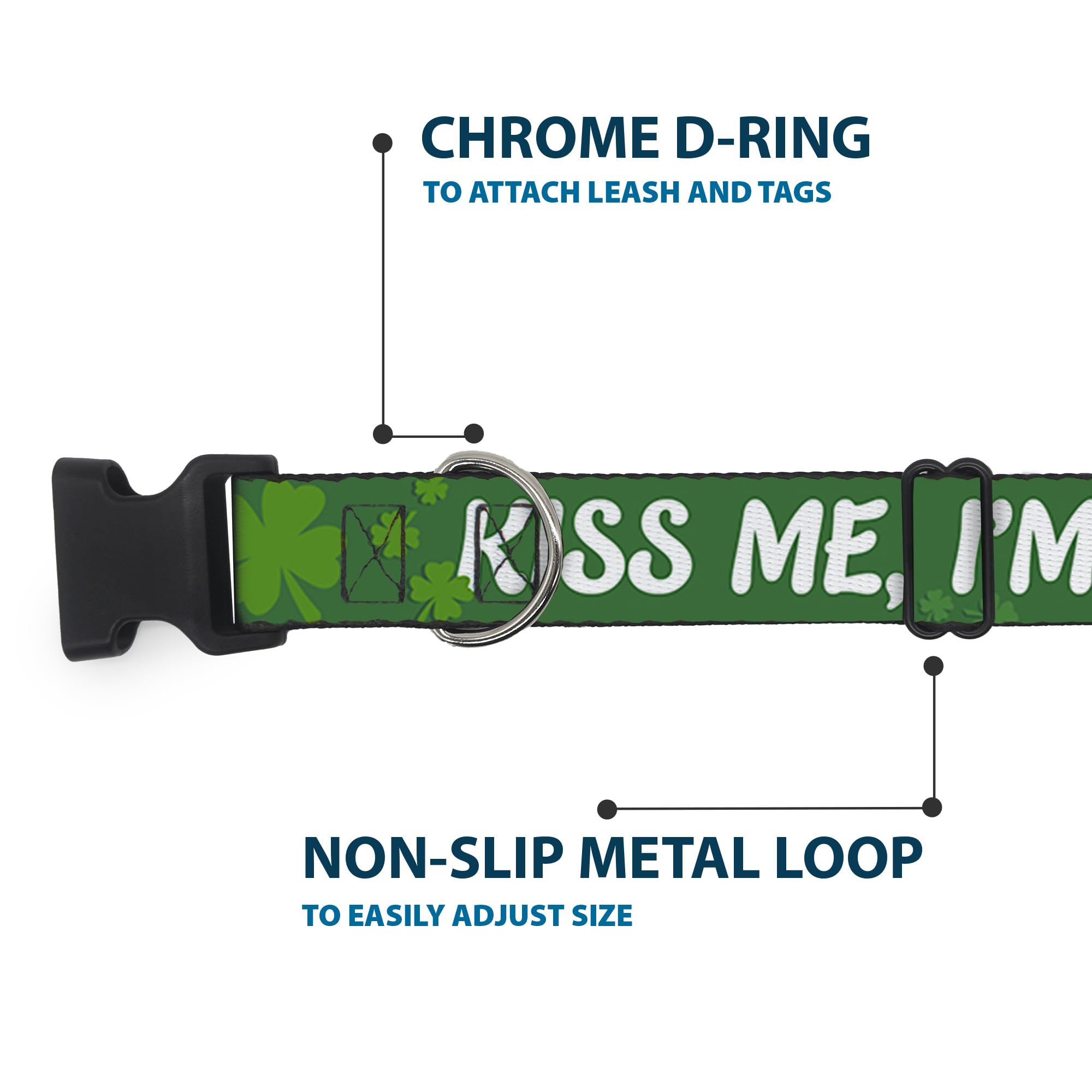 Buckle-Down 9-15' Kiss Me, I'M Irish! Clovers Green/White Plastic Clip Collar, Narrow Large