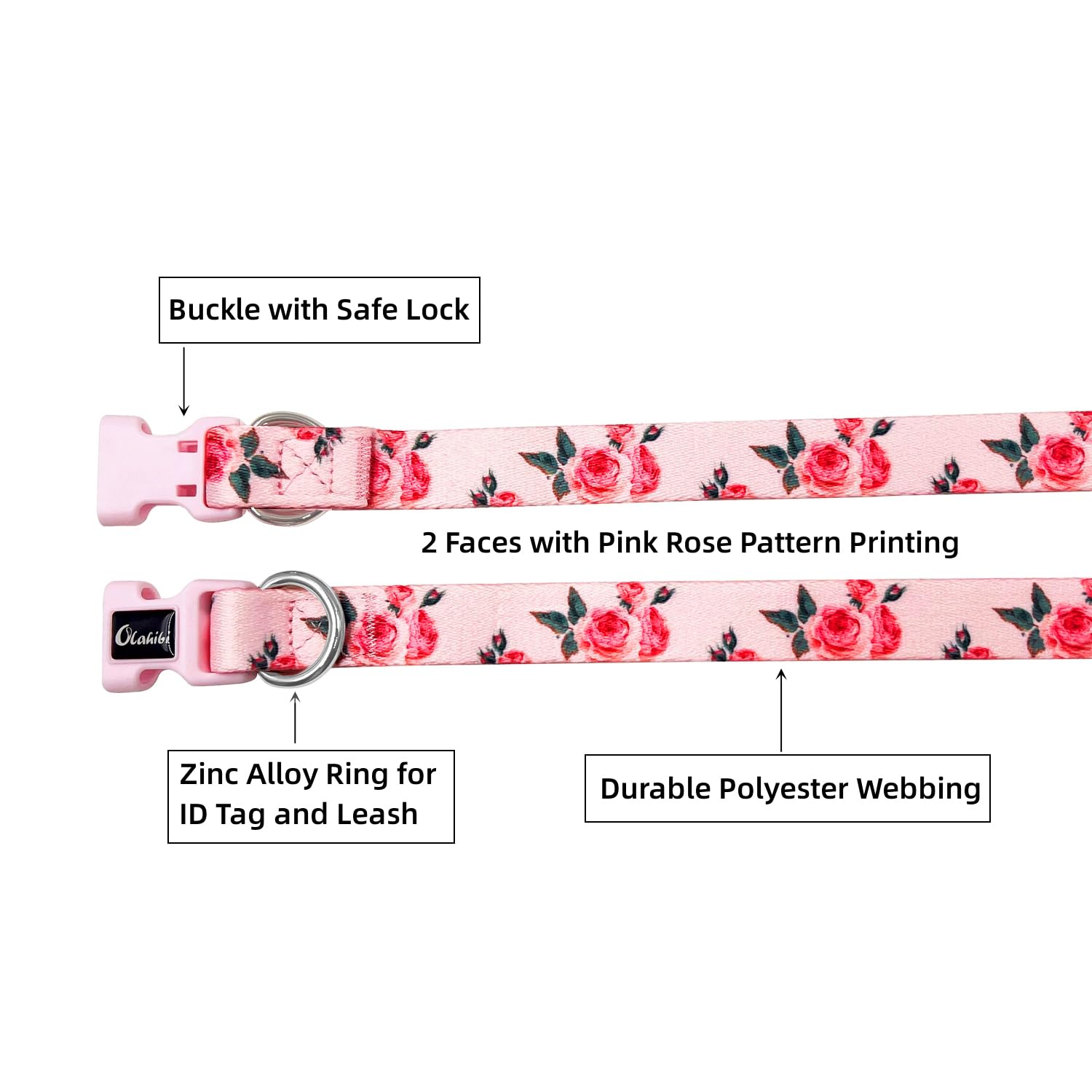 Olahibi Dog Collar And Leash Set, Cute Rose Pattern, Polyester Material, 5Ft Leash, For Medium Dogs.(Medium,Pink Rose)