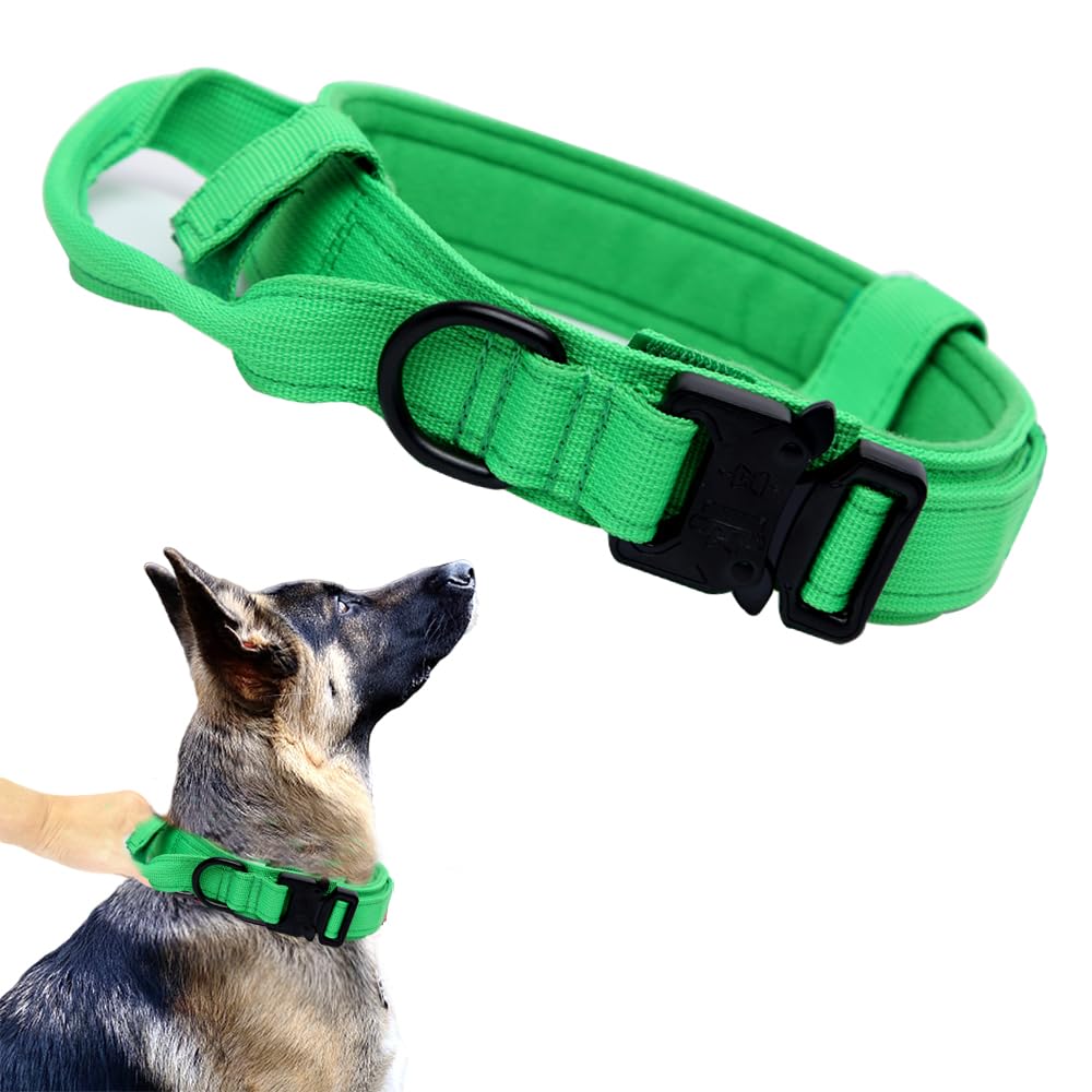 Xqpetlihai Tactical Dog Collar Military Dog Collar Adjustable Nylon Dog Collar Heavy Duty Metal Buckle With Handle For Dog Training (Bright Green,Xxl)