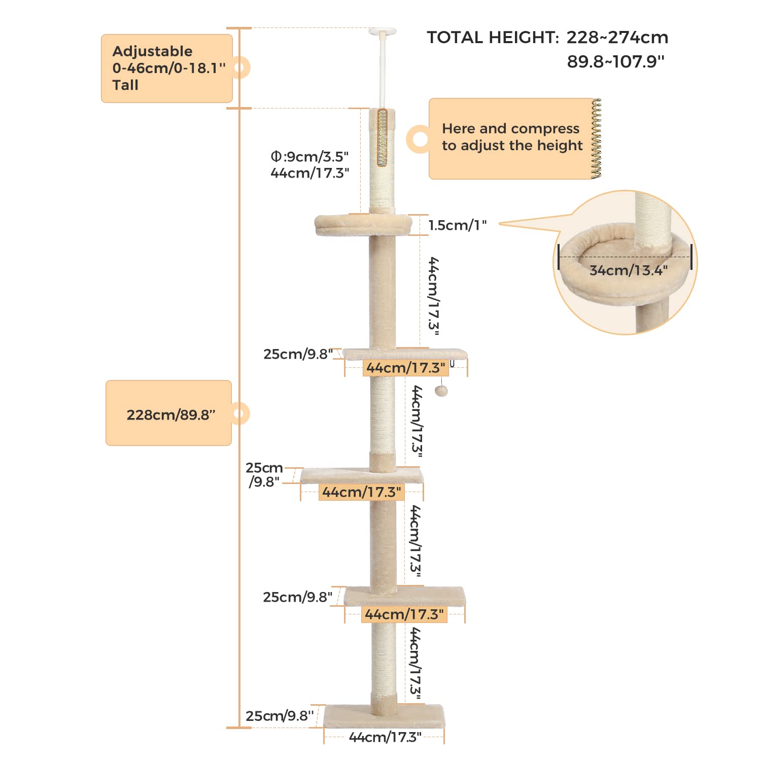 PETEPELA Cat Tree 5-Tier Adjustable Tower (95-108") - Beige Plush Activity Center with Scratching Post & Cozy Bed
