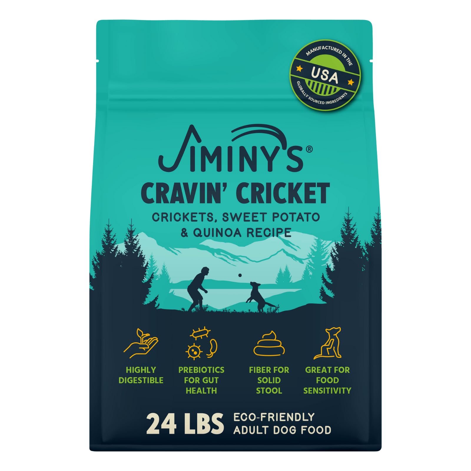 Jiminy's Cravin' Cricket Dry Dog Food - Sensitive Stomach, Probiotic, 24lb Bag, Hypoallergenic, Made in USA
