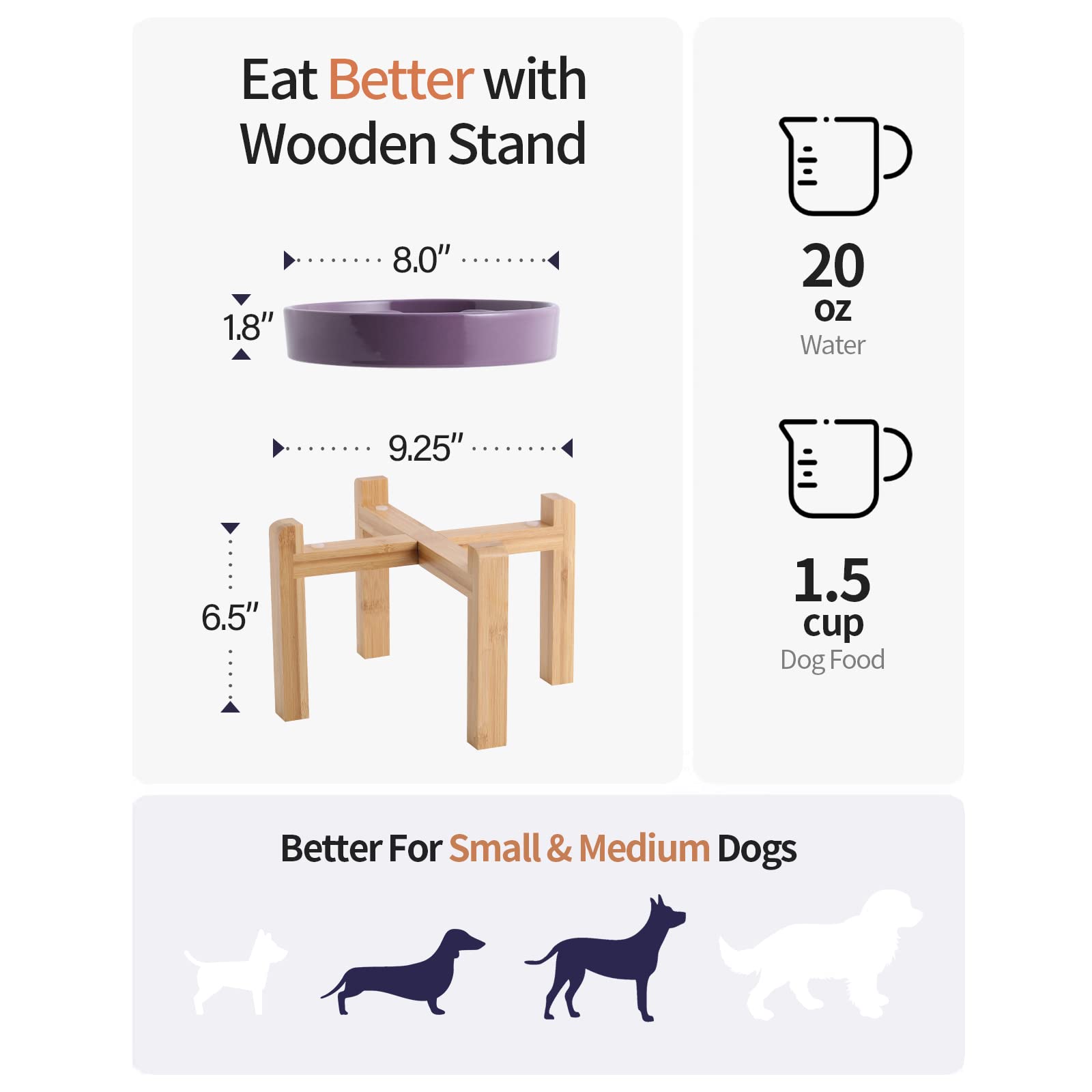 Addogyy Ceramic Elevated Dog Bowl with Wood Stand, Purple, 8.66 in Slow Feeder for Small to Large Dogs