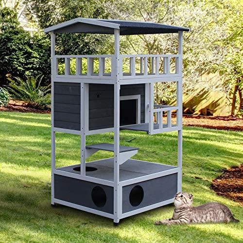 Pawhut Wooden Outdoor Cat House, Feral Cat Shelter Kitten Condo With Asphalt Roof, Escape Doors, Condo, Jumping Platform, Grey