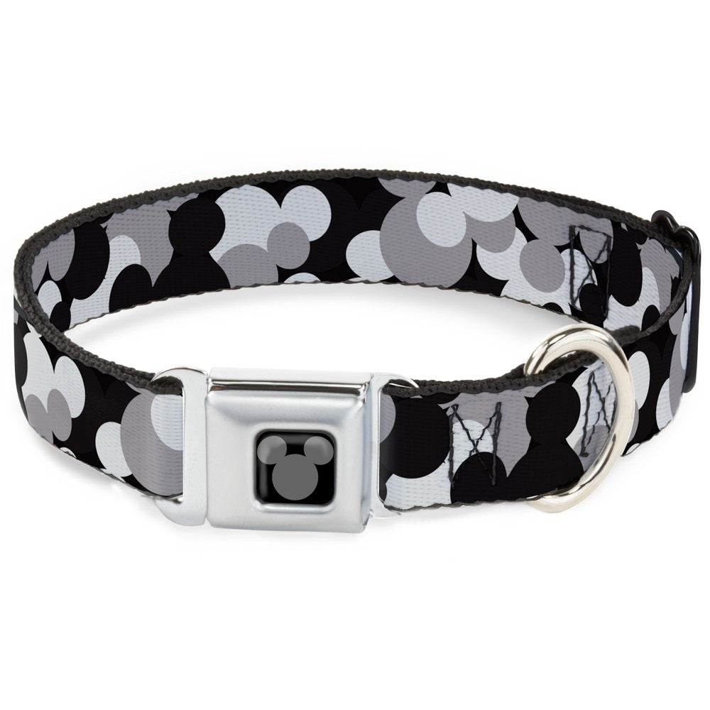 Dog Collar Seatbelt Buckle Mickey Mouse Head Stacked Black Grays 18 To 32 Inches 1.5 Inch Wide, Dc-Wdy349-Wl