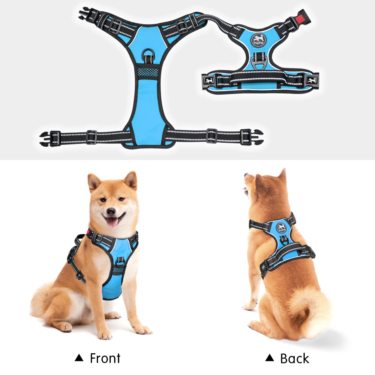 Poypet No Pull Dog Harness, No Choke Front Clip Dog Reflective Harness, Adjustable Soft Padded Pet Vest With Easy Control Handle For Small To Large Dogs(Light Blue,M)