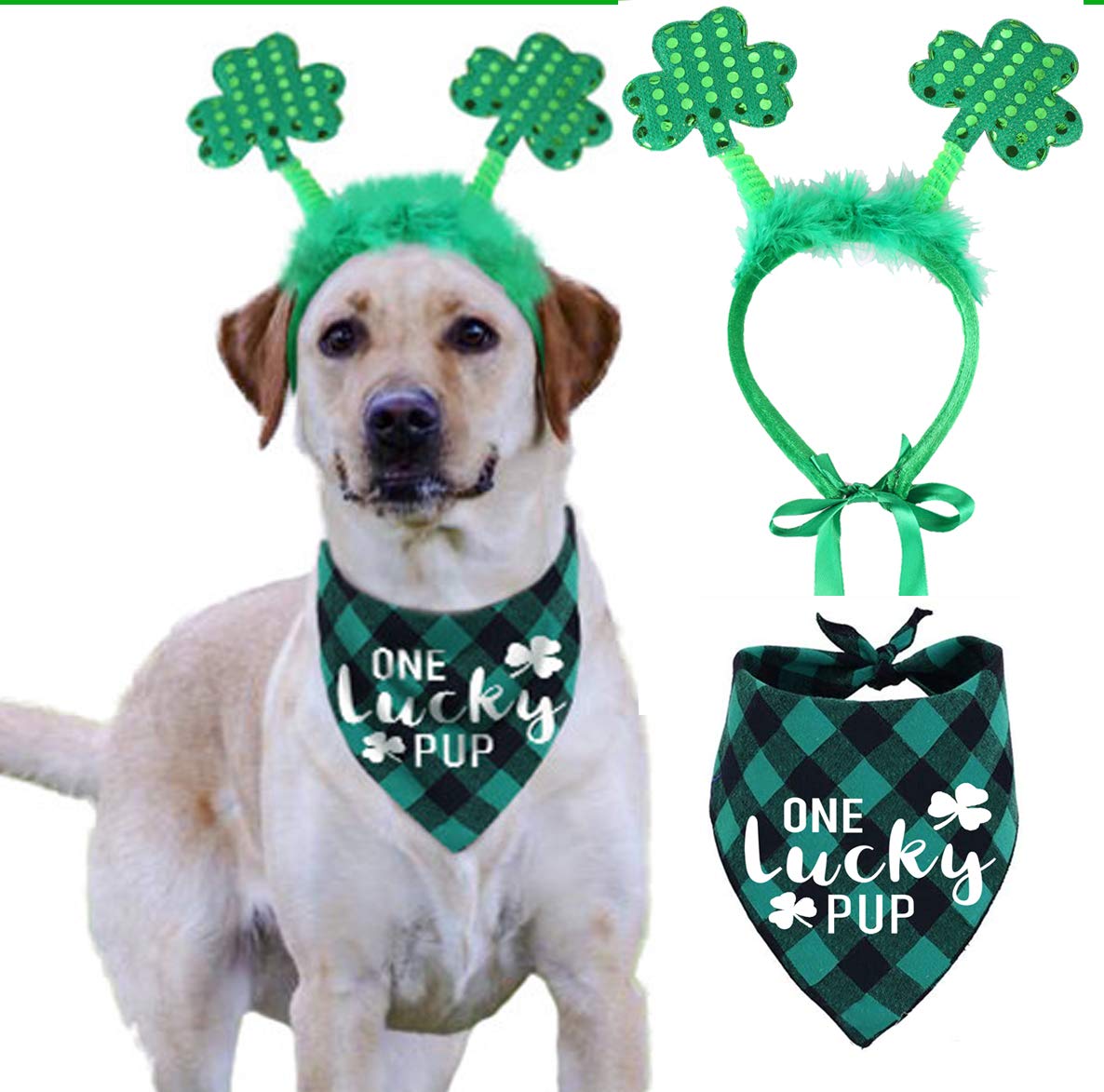 St Patricks Day Dog Costume, Green Shamrock Headband And Buffalo Plaid Pet Bandana